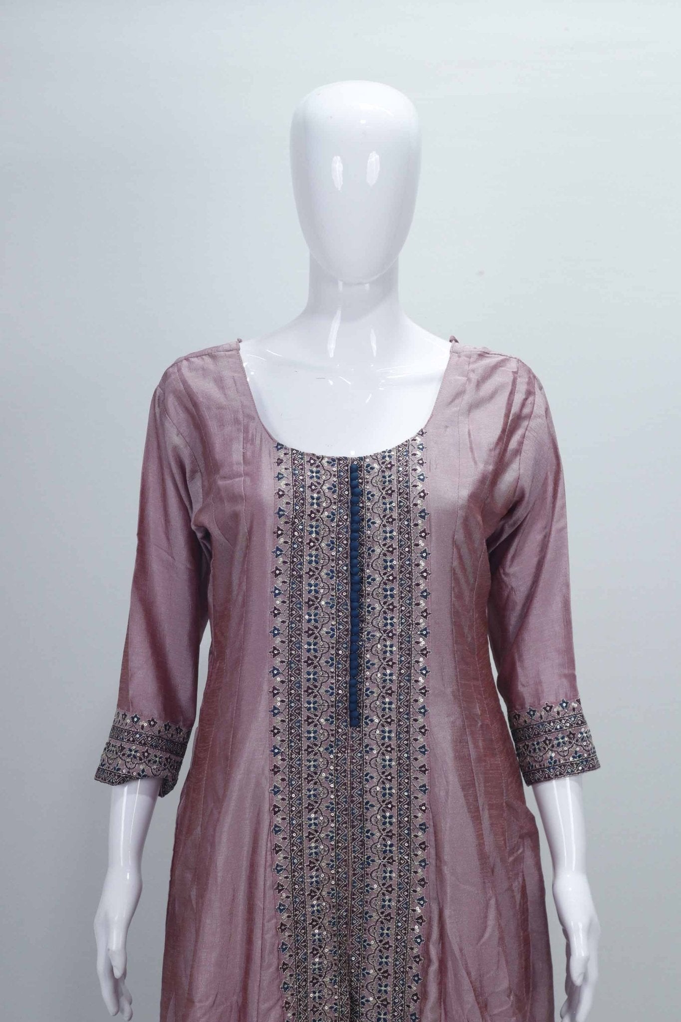 Dusty Pink Embroidered Anarkali Kurta Set with Matching Dupatta and Tapered Pants - Mangaldeep NX
