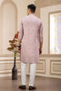 Dusty Pink Embroidered Kurta with White Churidar Pants for Men - Mangaldeep NX