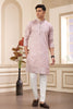 Dusty Pink Embroidered Kurta with White Churidar Pants for Men - Mangaldeep NX