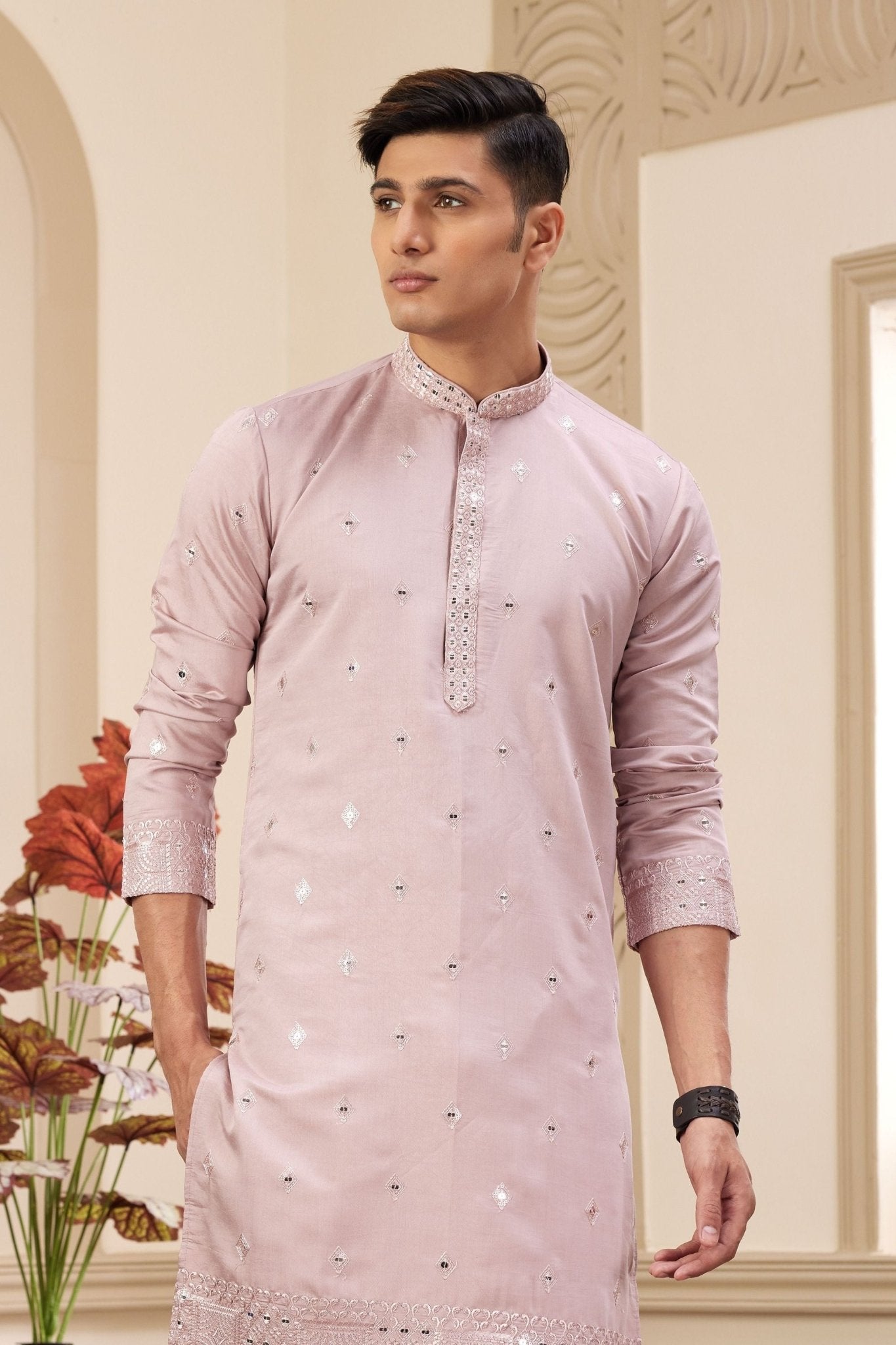 Dusty Pink Embroidered Kurta with White Churidar Pants for Men - Mangaldeep NX