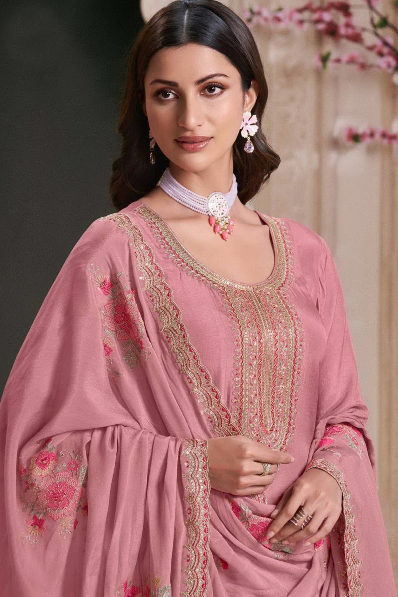 Dusty Pink Embroidered Silk Semi Stitched Anarkali Suit with Dupatta - Mangaldeep NX