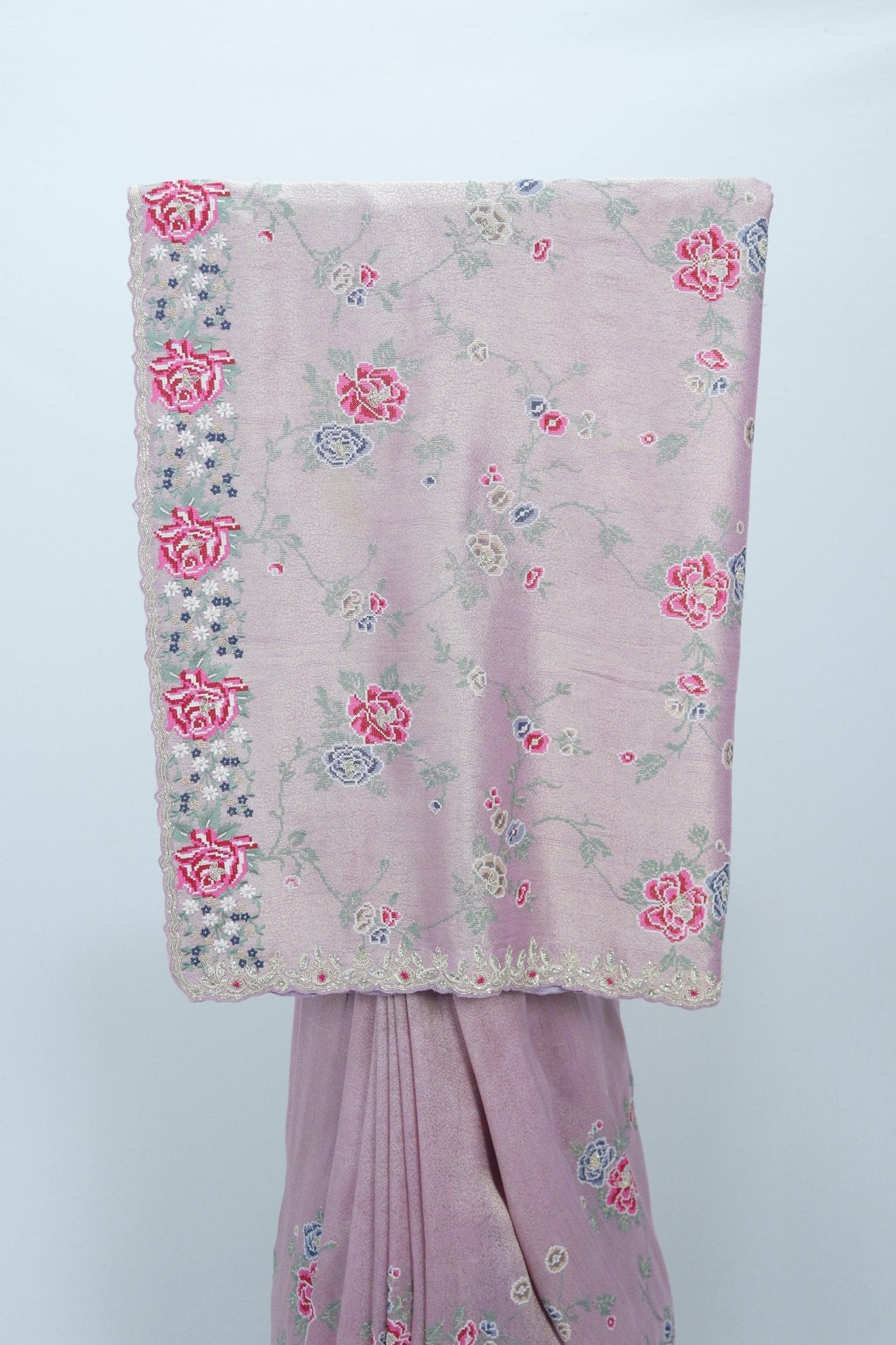 Dusty Pink Floral Embroidered Silk Saree with Delicate Threadwork and Scallop Border - Mangaldeep NX