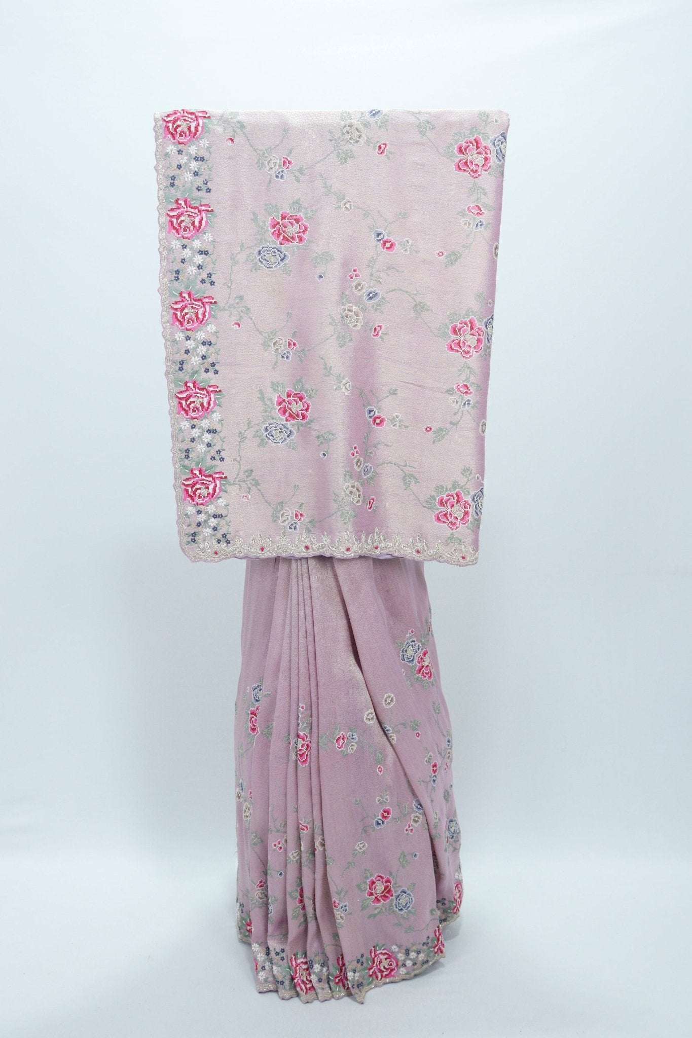 Dusty Pink Floral Embroidered Silk Saree with Delicate Threadwork and Scallop Border - Mangaldeep NX