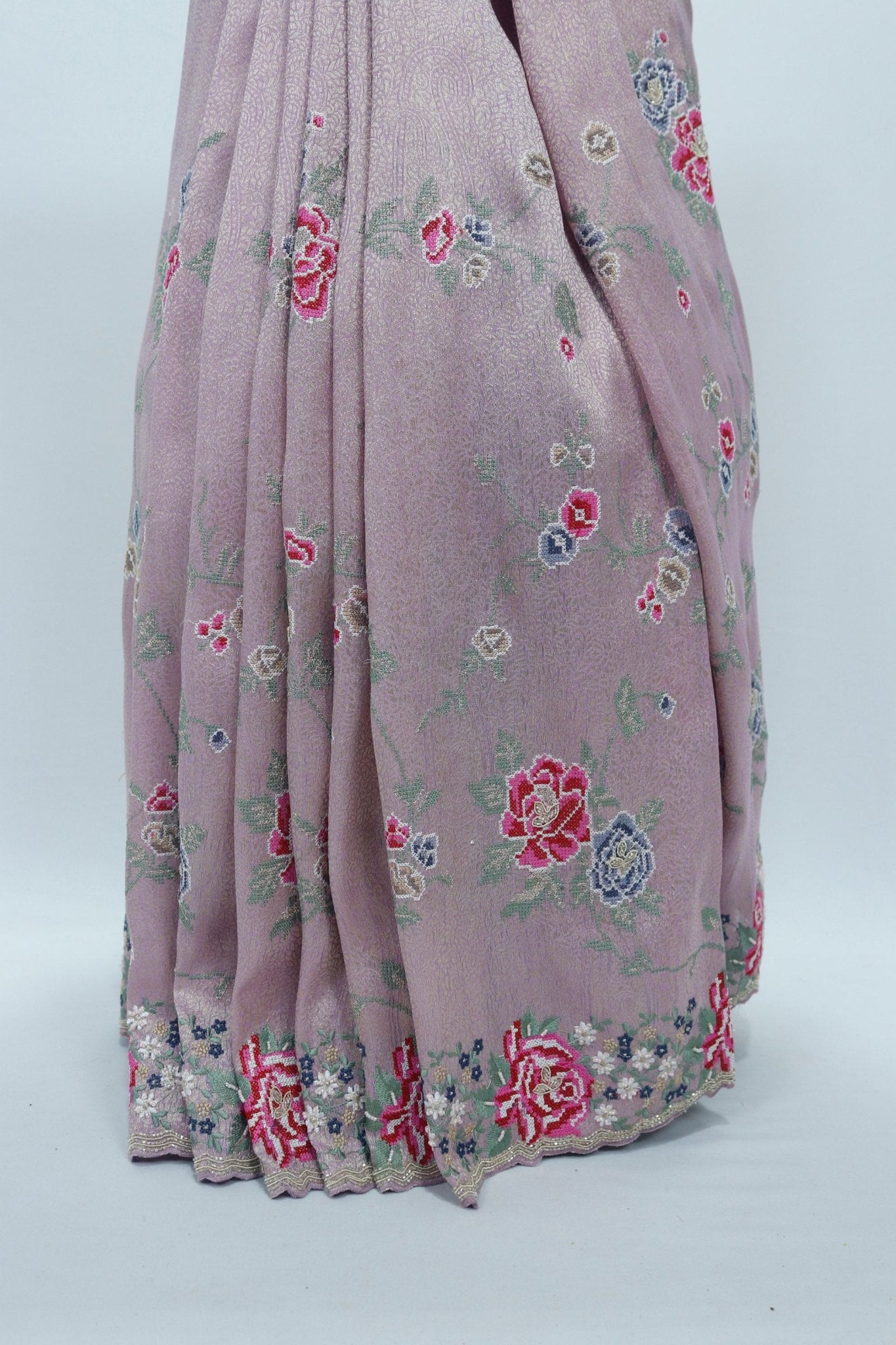 Dusty Pink Floral Embroidered Silk Saree with Delicate Threadwork and Scallop Border - Mangaldeep NX