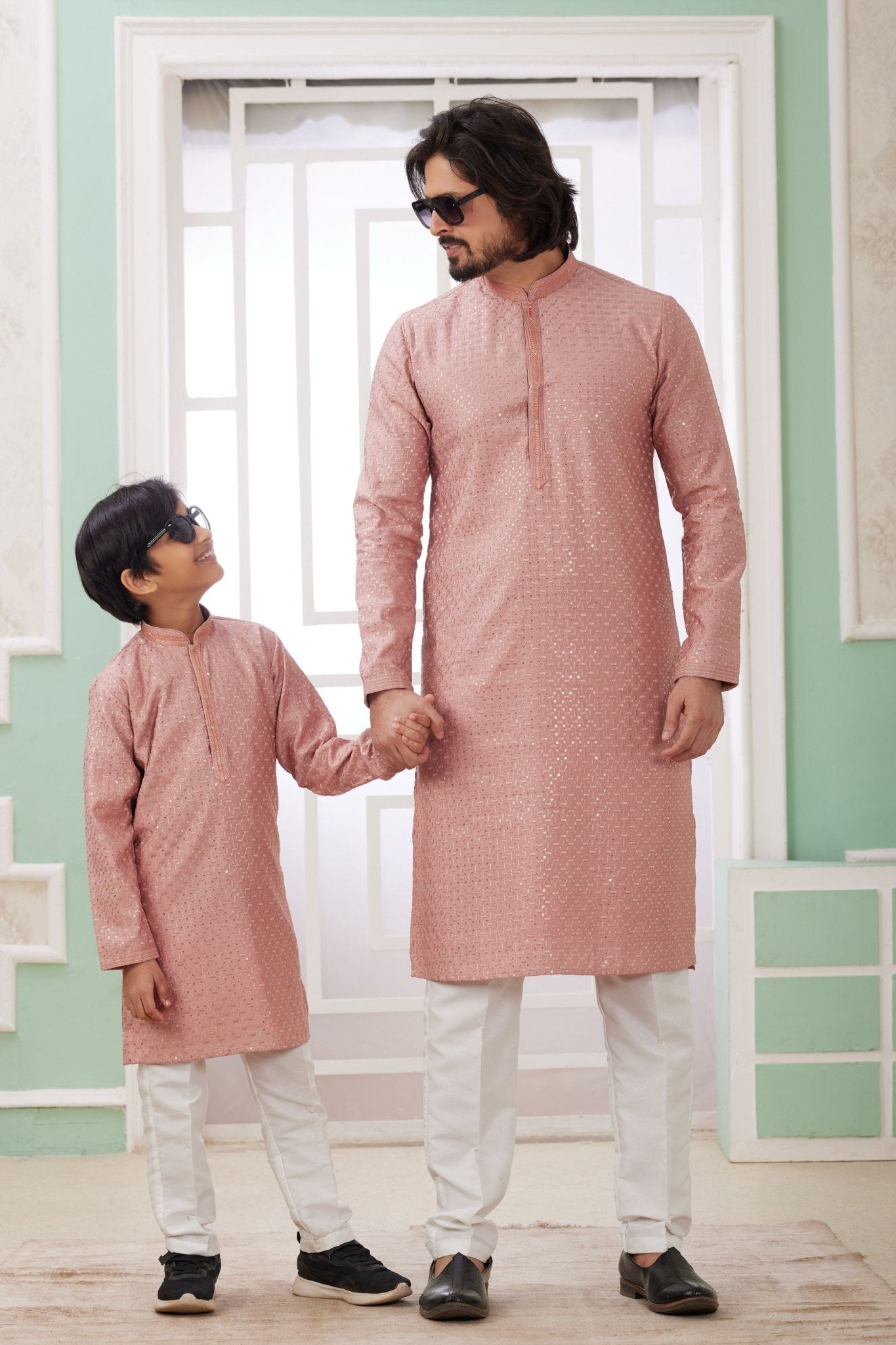 Dusty Pink Mirror Embroidered Kurta Pajama Set for Father and Son - Mangaldeep NX