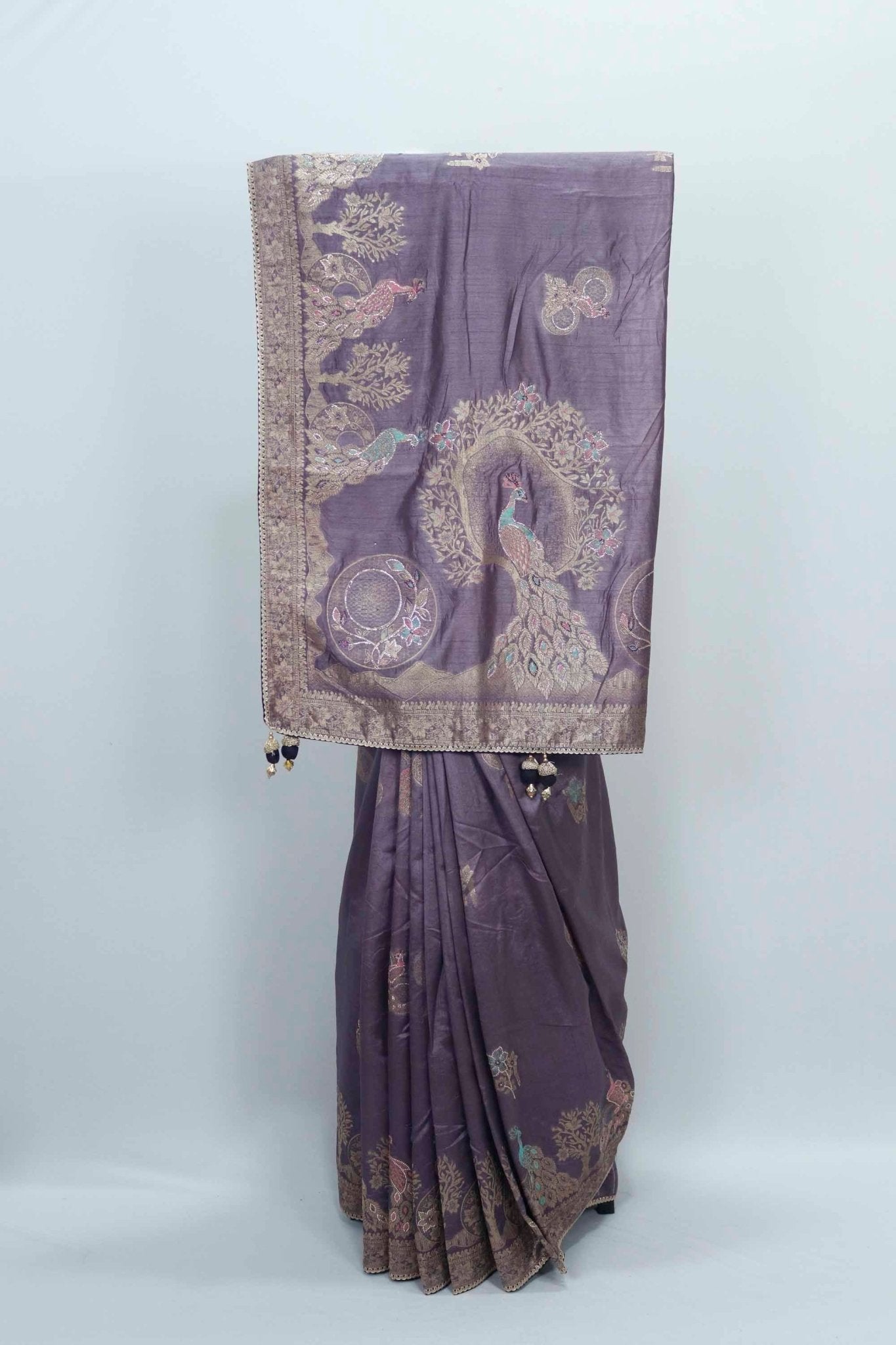 Dusty Purple Banarasi Silk Saree with Silver Zari Embroidery and Peacock Design Pallu - Mangaldeep NX