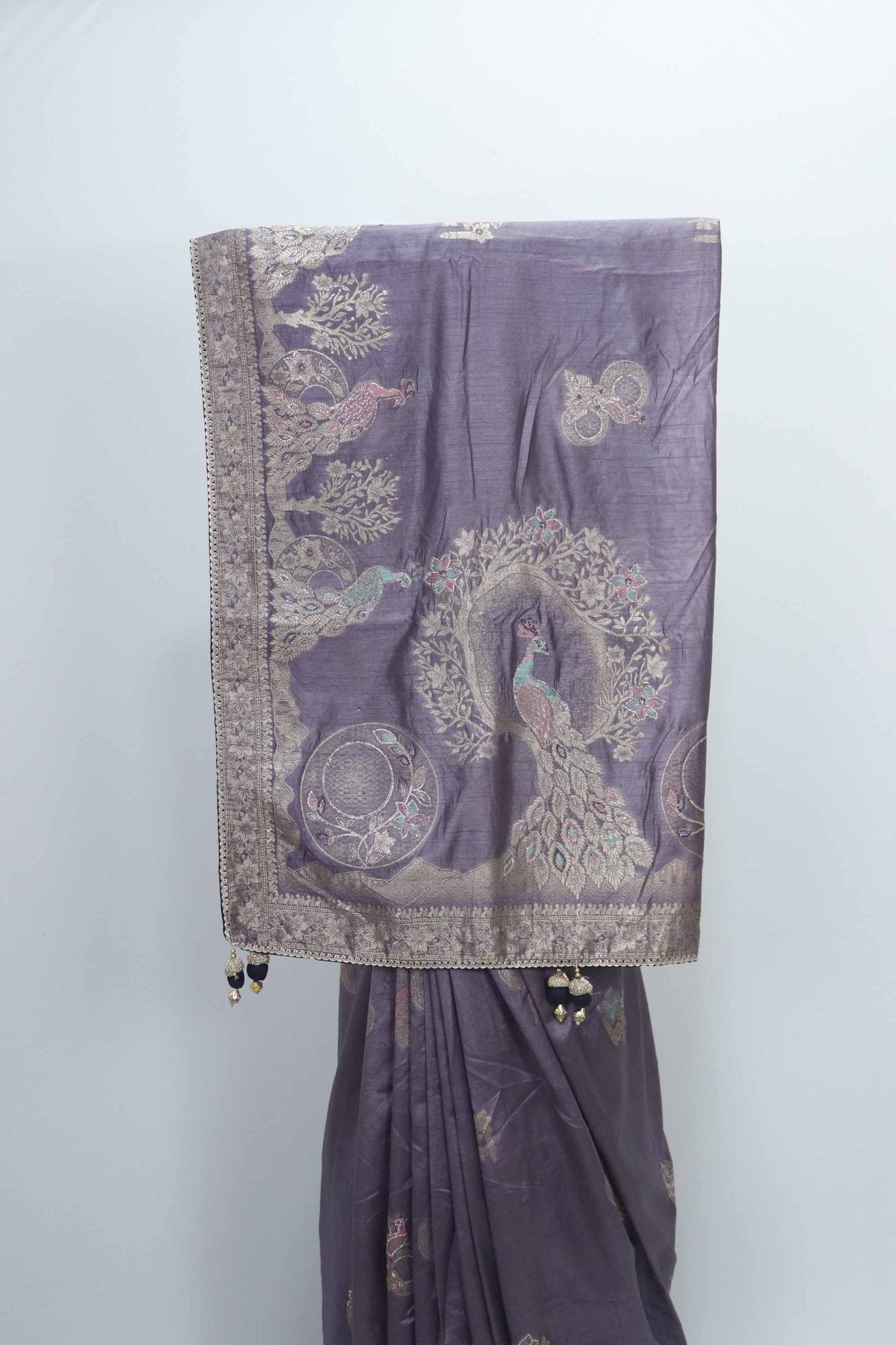 Dusty Purple Banarasi Silk Saree with Silver Zari Embroidery and Peacock Design Pallu - Mangaldeep NX