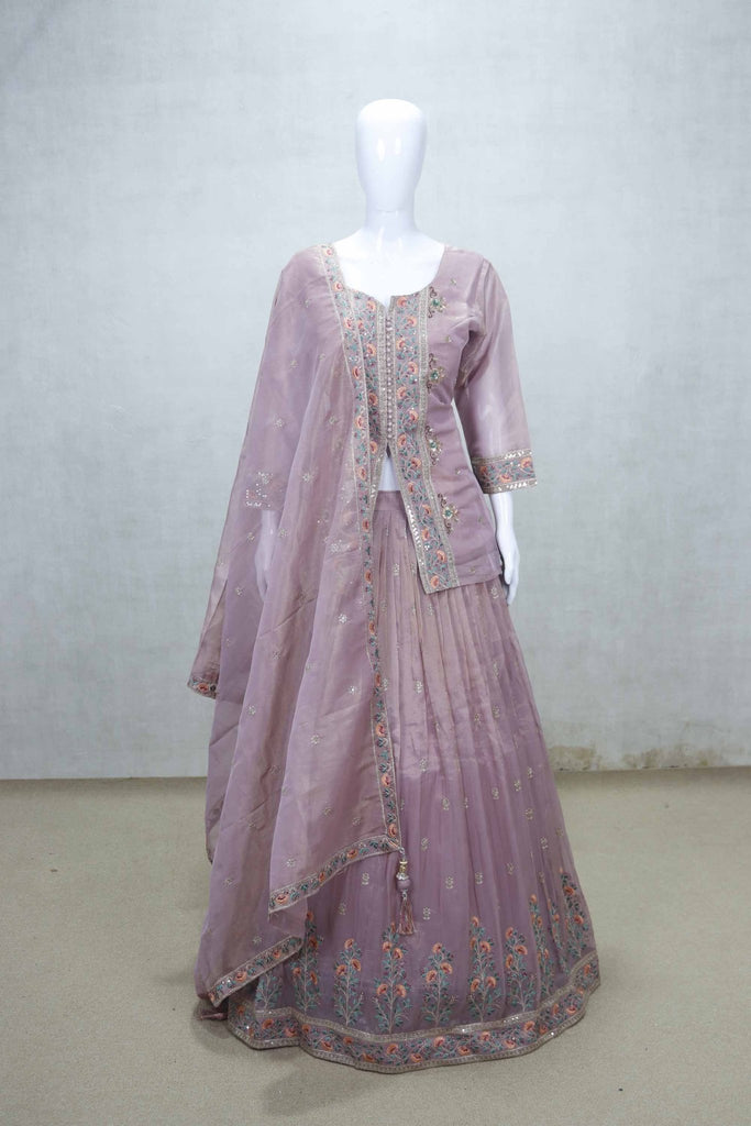 Dusty Rose Embroidered Silk Lehenga Choli with Floral Thread Work and Organza Dupatta - Mangaldeep NX