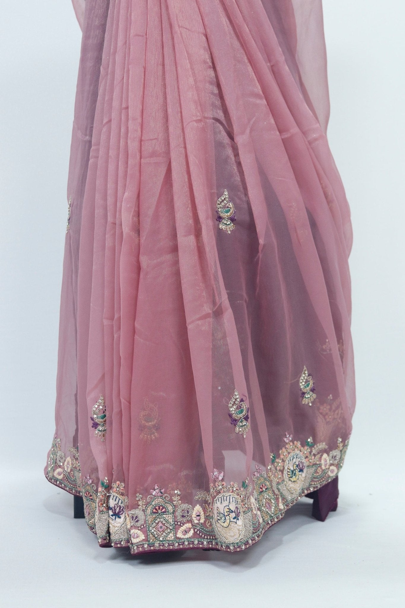 Dusty Rose Net Saree with Heavy Embroidered Border and Sequin Detailing - Mangaldeep NX