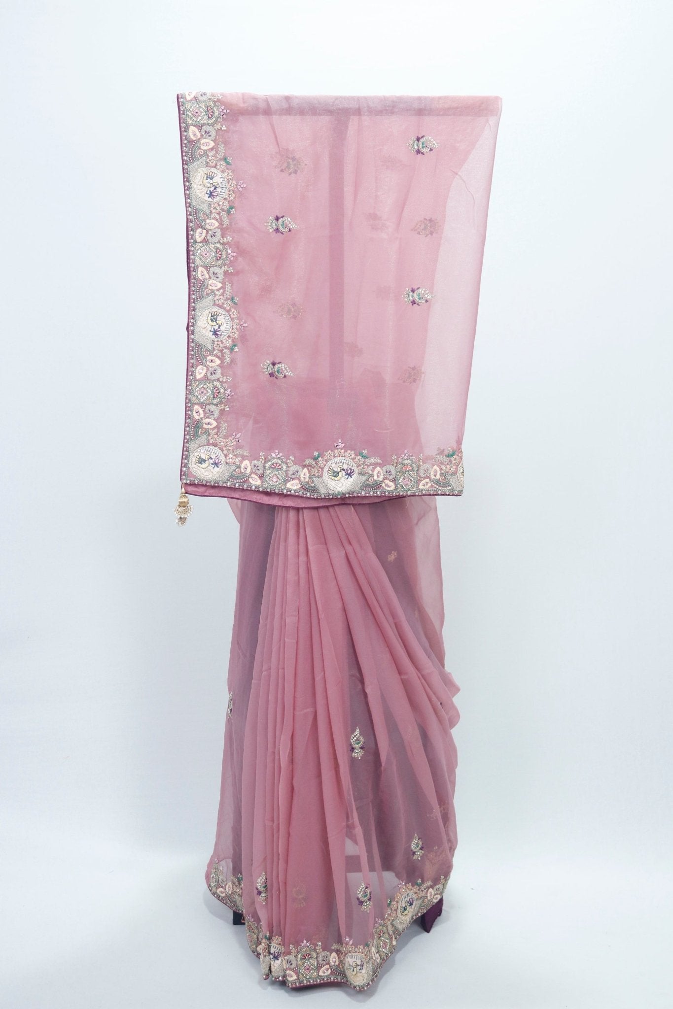 Dusty Rose Net Saree with Heavy Embroidered Border and Sequin Detailing - Mangaldeep NX