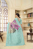 Elegant Aqua Blue Floral Printed Linen Silk Saree with Contrasting Pallu and Blouse Piece - Mangaldeep NX