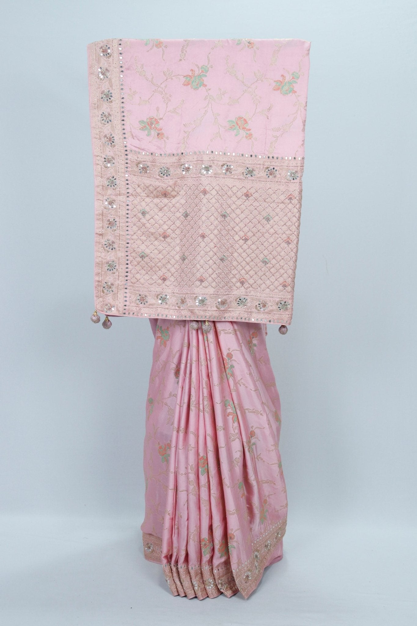 Elegant Baby Pink Banarasi Silk Saree with Sequin & Mirror Work Border Wedding Party Wear - Mangaldeep NX