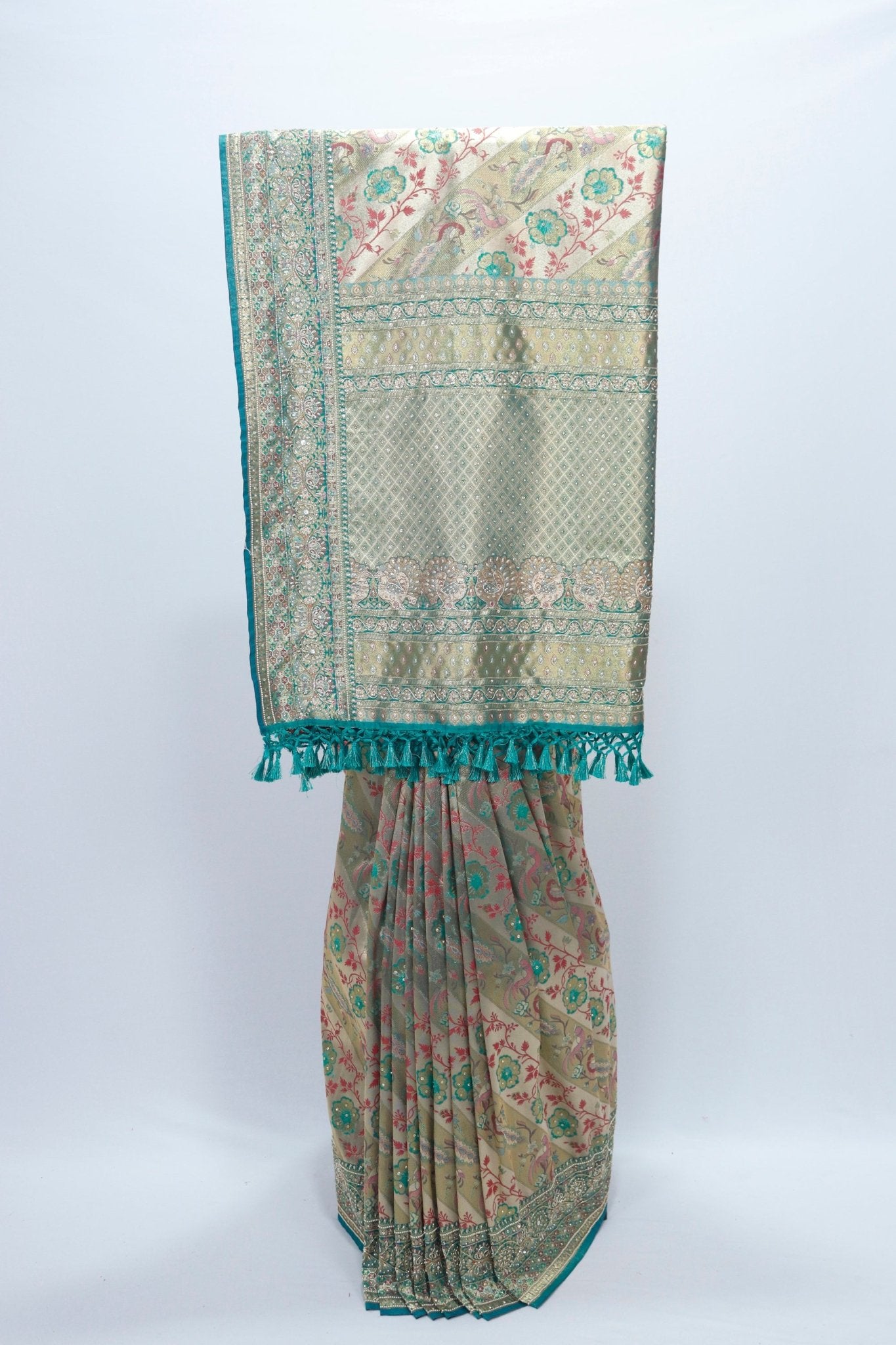 Elegant Beige Teal Banarasi Silk Saree with Zari and Floral Resham Embroidery Festive Wedding Wear - Mangaldeep NX