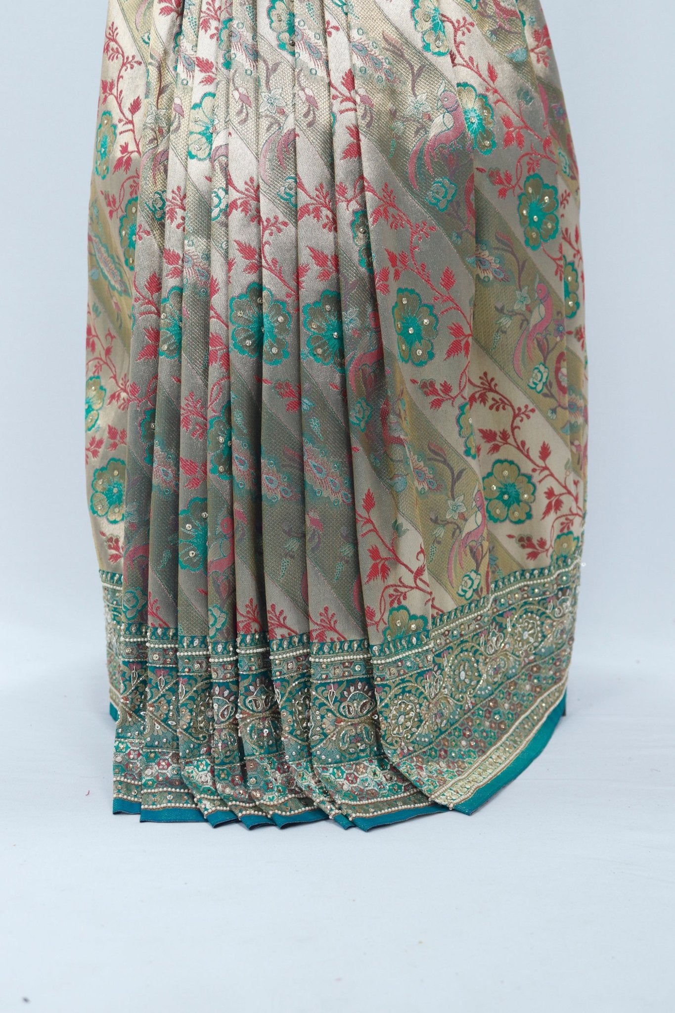 Elegant Beige Teal Banarasi Silk Saree with Zari and Floral Resham Embroidery Festive Wedding Wear - Mangaldeep NX