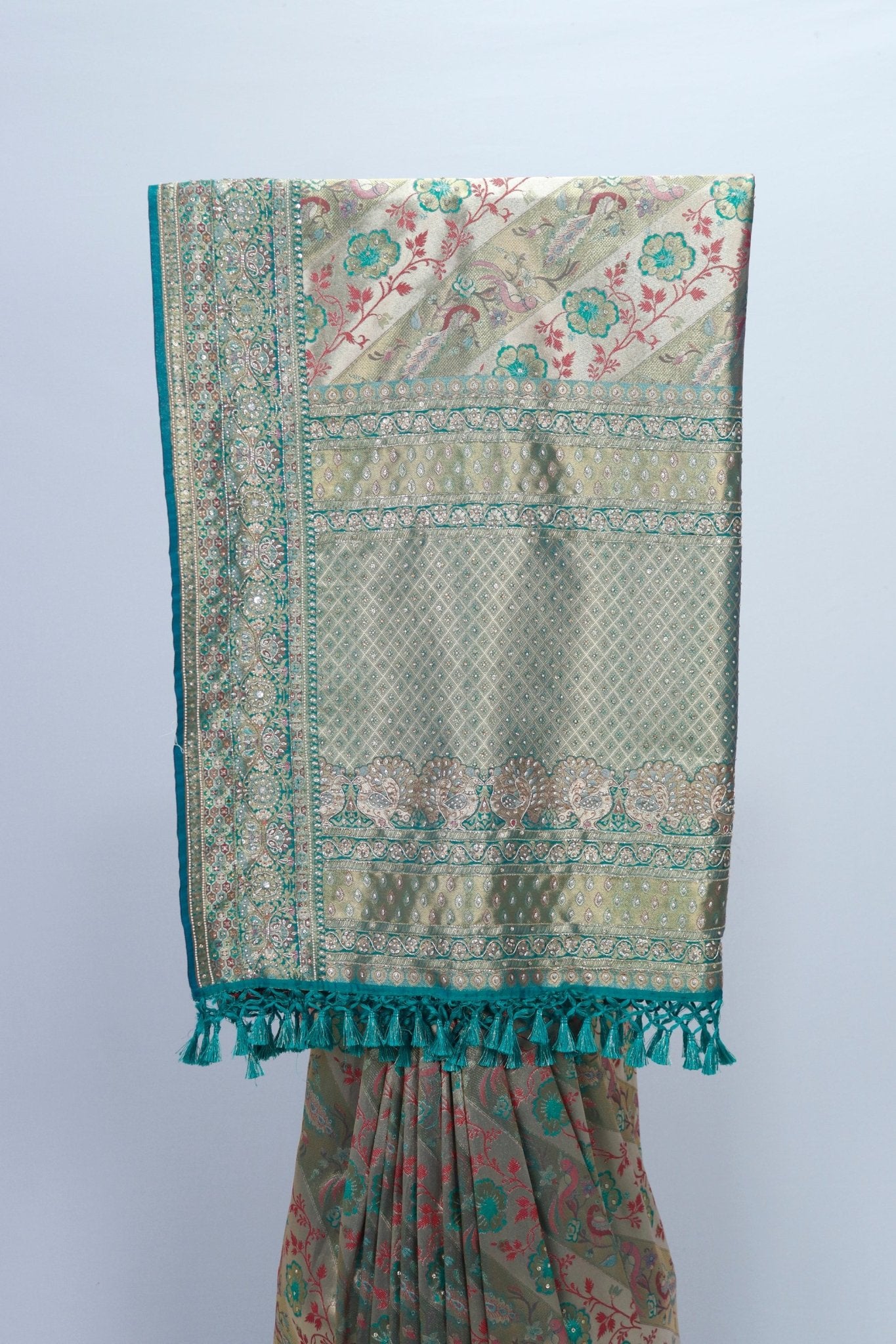 Elegant Beige Teal Banarasi Silk Saree with Zari and Floral Resham Embroidery Festive Wedding Wear - Mangaldeep NX
