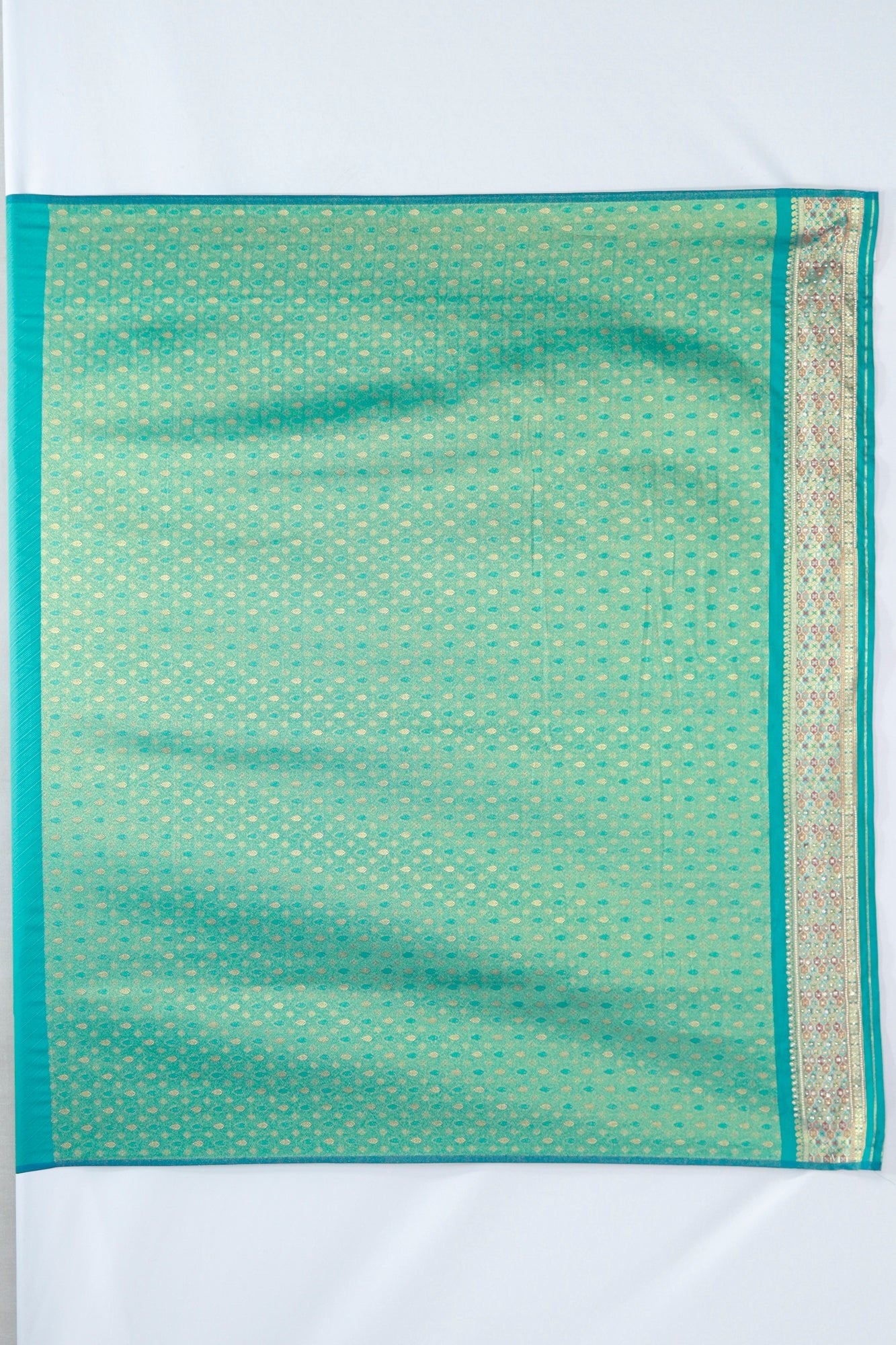 Elegant Beige Teal Banarasi Silk Saree with Zari and Floral Resham Embroidery Festive Wedding Wear - Mangaldeep NX