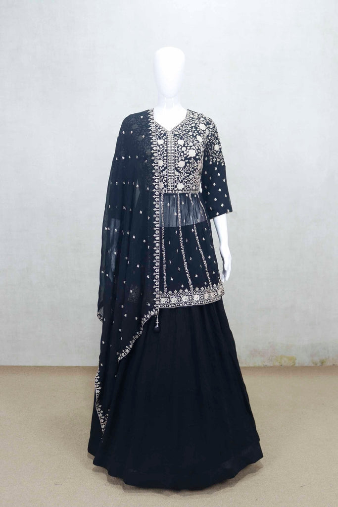Elegant Black Embroidered Crop Top Style Lehenga Set with Dupatta - Mangaldeep NX