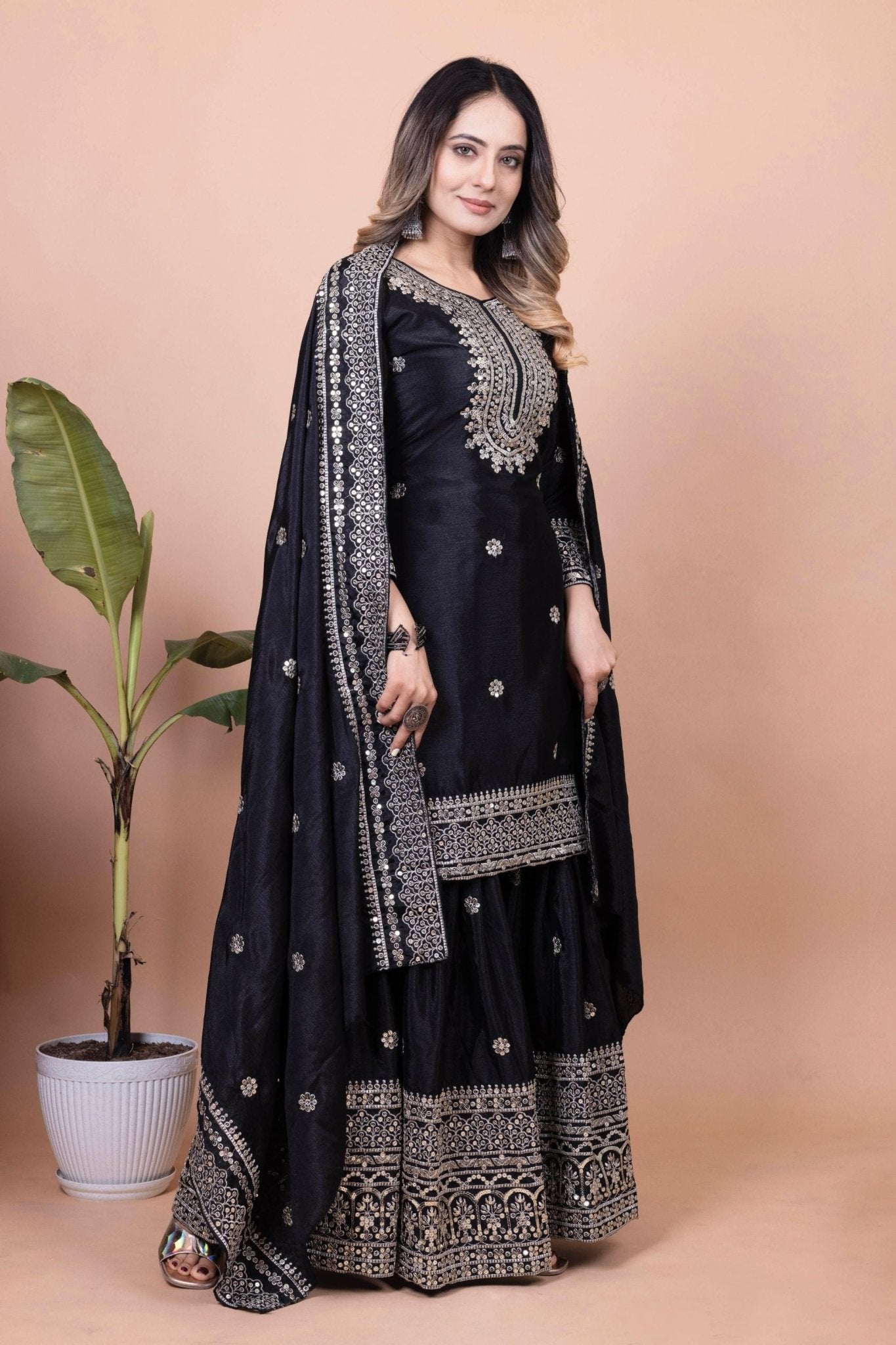 Elegant Black Embroidered Sharara Suit for Women - Mangaldeep NX