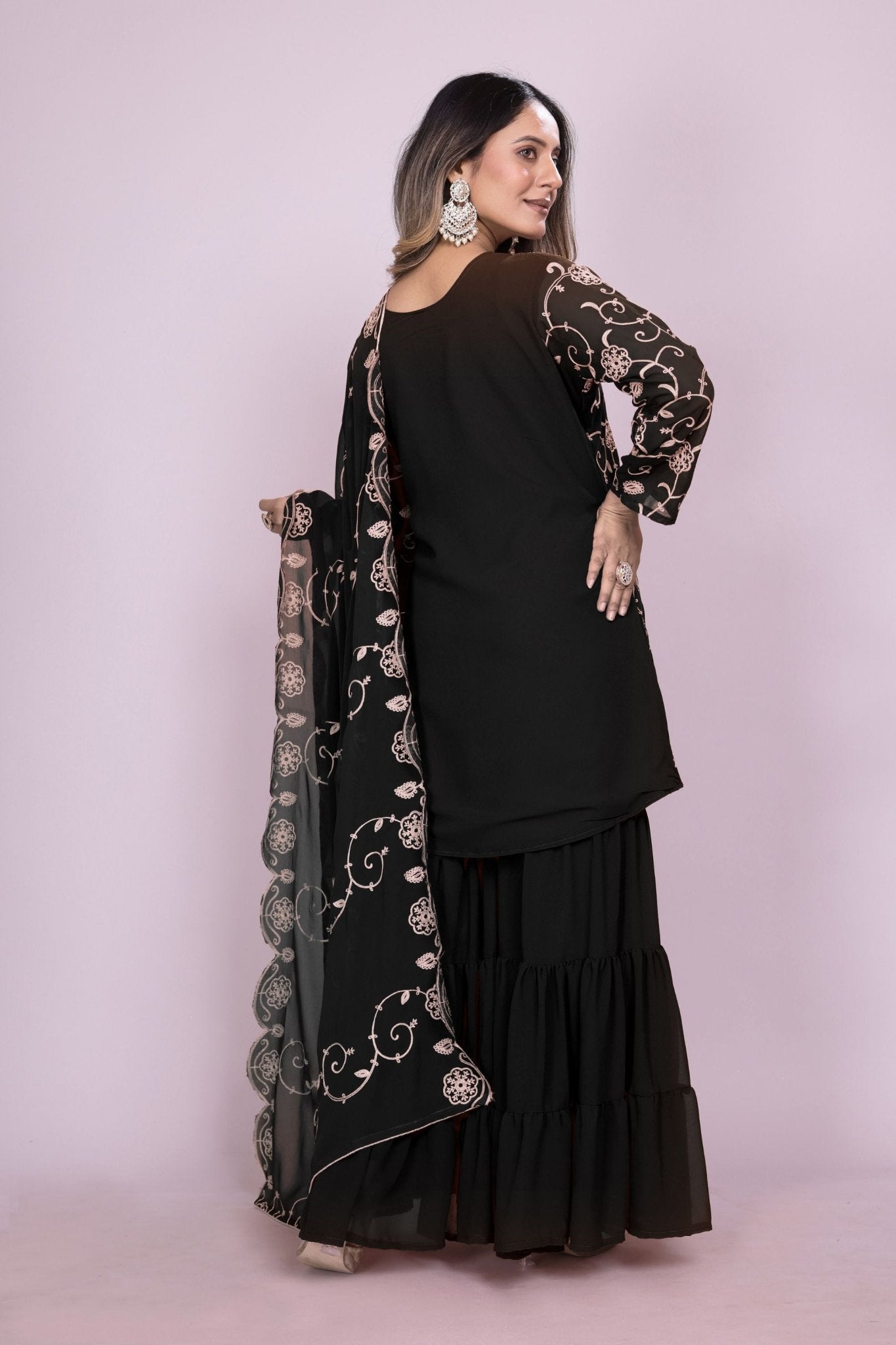 Elegant Black Embroidered Sharara Suit Set for Women - Mangaldeep NX