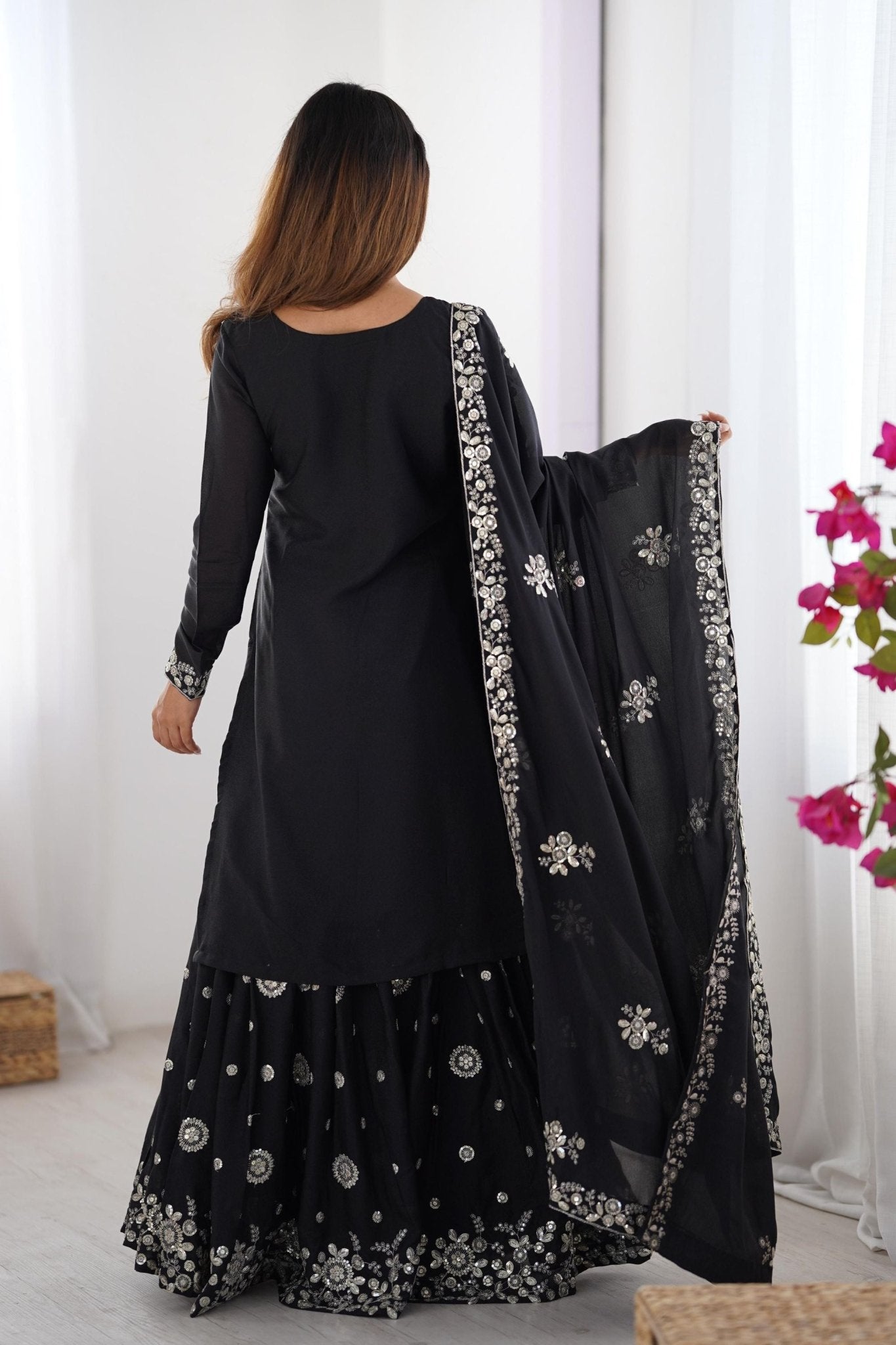 Elegant Black Party Wear Sharara Suit with Silver Embroidery - Mangaldeep NX