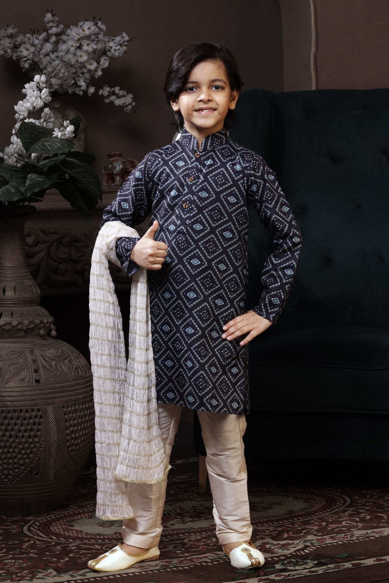 Elegant Blue Geometric Printed Kurta Pyjama for Boys - Mangaldeep NX