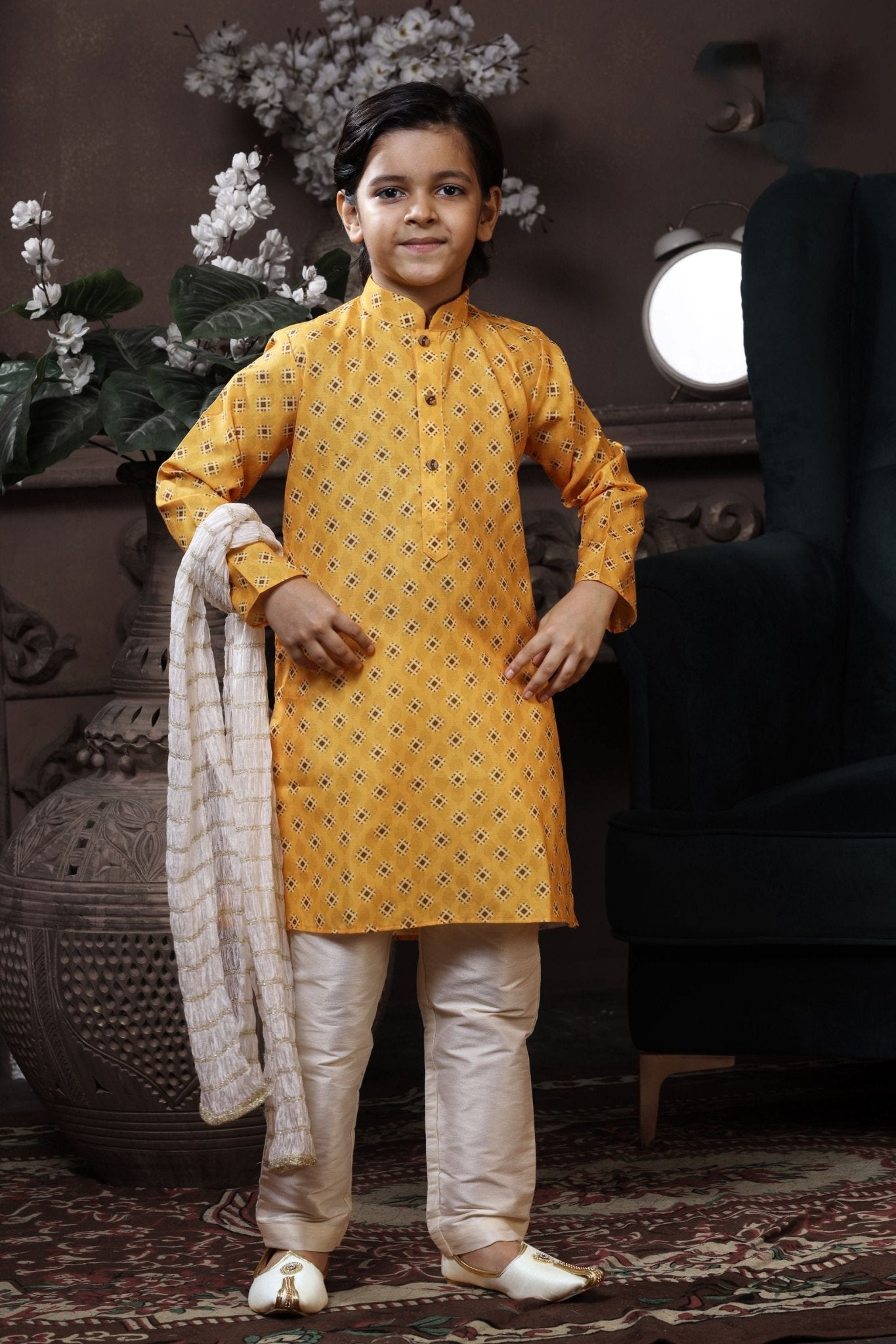 Elegant Boys Mustard Yellow Printed Kurta with Cream Pyjama and White Dupatta - Mangaldeep NX