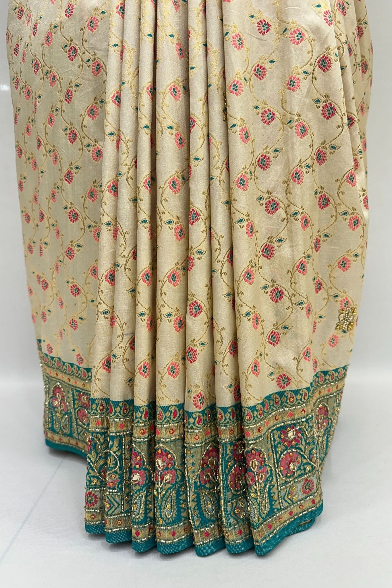 Elegant Cream Banarasi Silk Saree with Green & Red Floral Zari Weaving - Mangaldeep NX