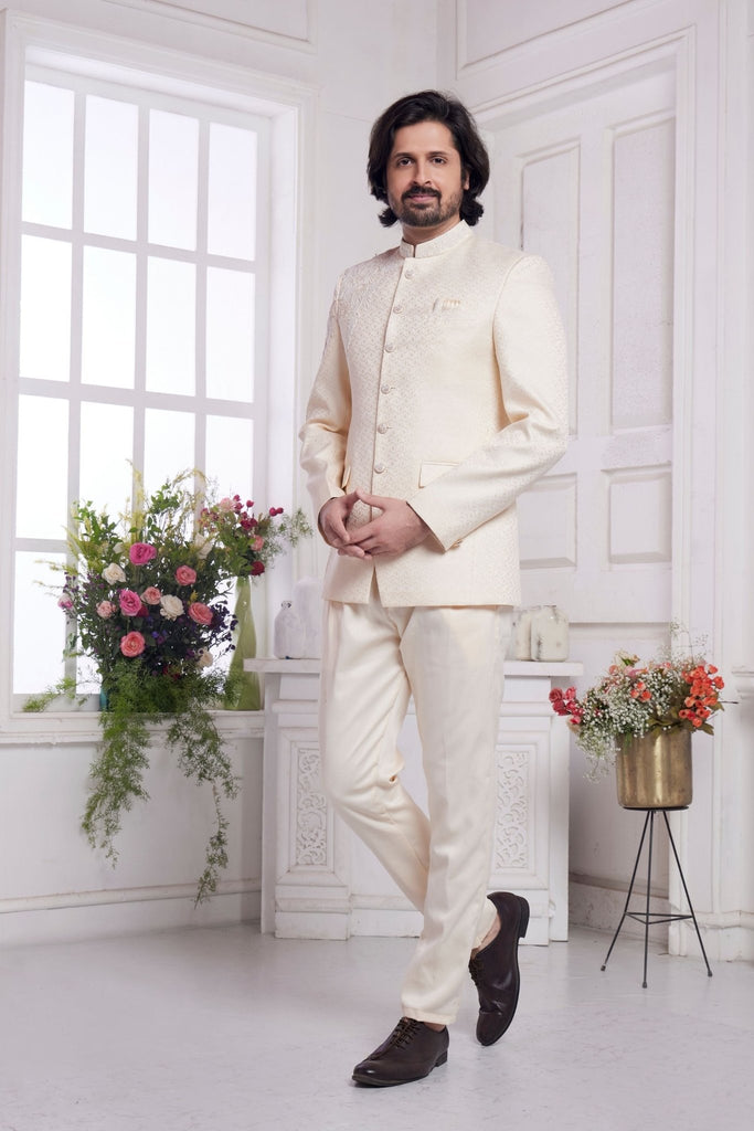 Elegant Cream Textured Indo - Western Suit for Men with Buttoned Jacket and Trousers - Mangaldeep NX