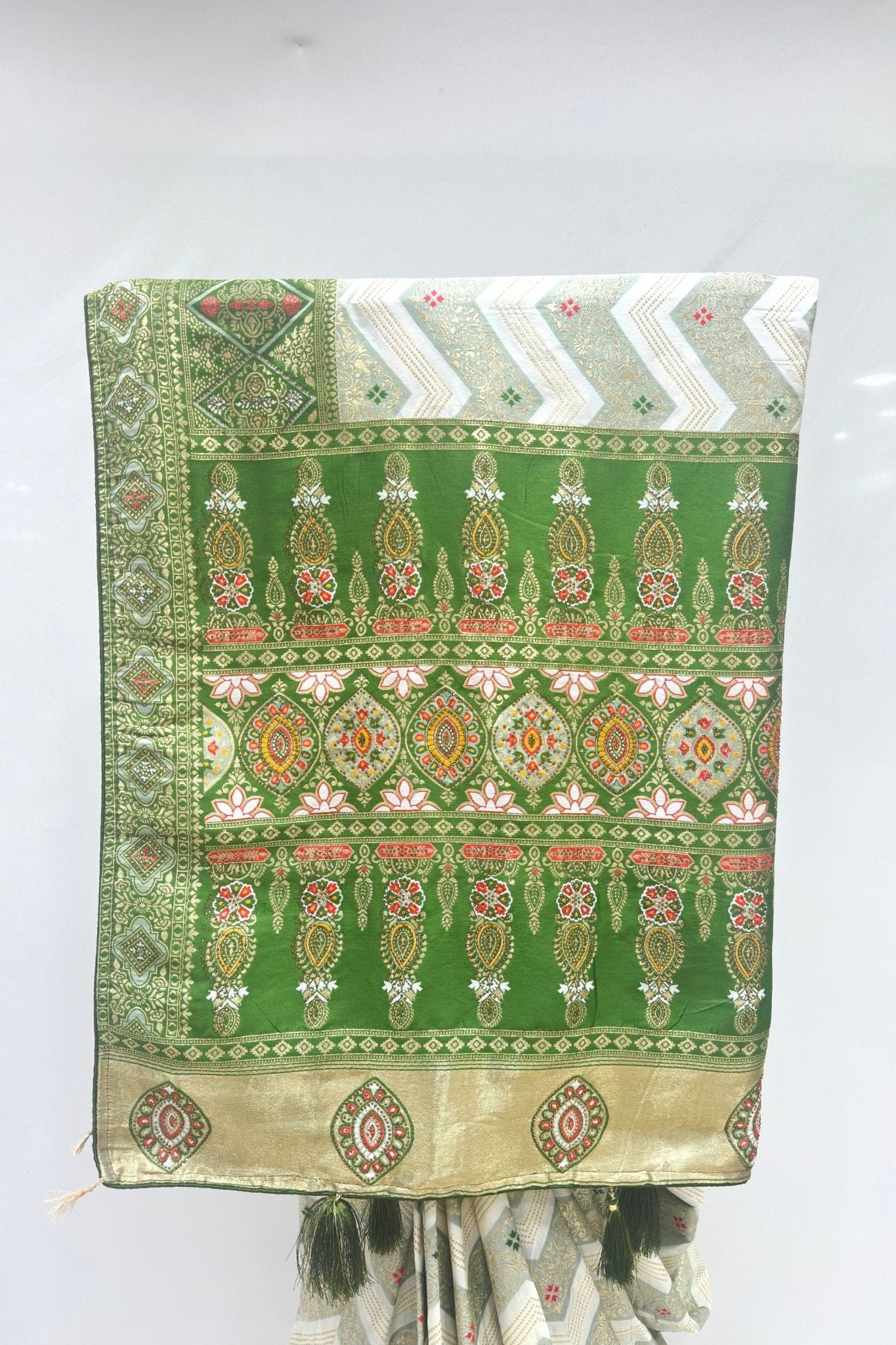 Elegant Green and Ivory Banarasi Silk Saree - Mangaldeep NX