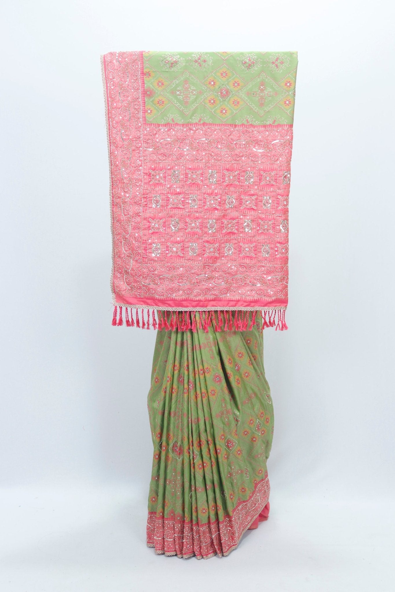Elegant Green Bandhani Silk Saree with Pink Banarasi Zari Pallu for Weddings Festivals - Mangaldeep NX