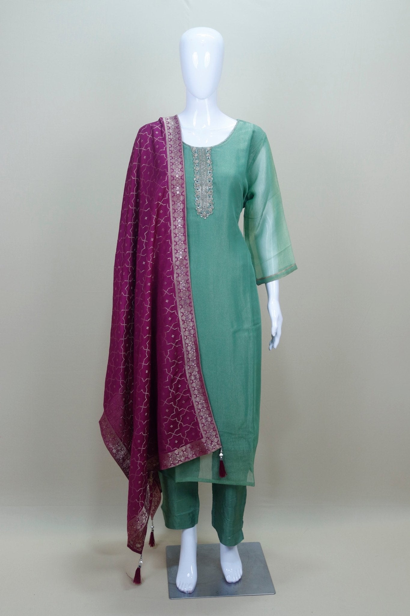 Elegant Green Silk Straight Kurta Set Neckline and Contrast Purple Banarasi Dupatta Festive Wedding Wear Suit - Mangaldeep NX
