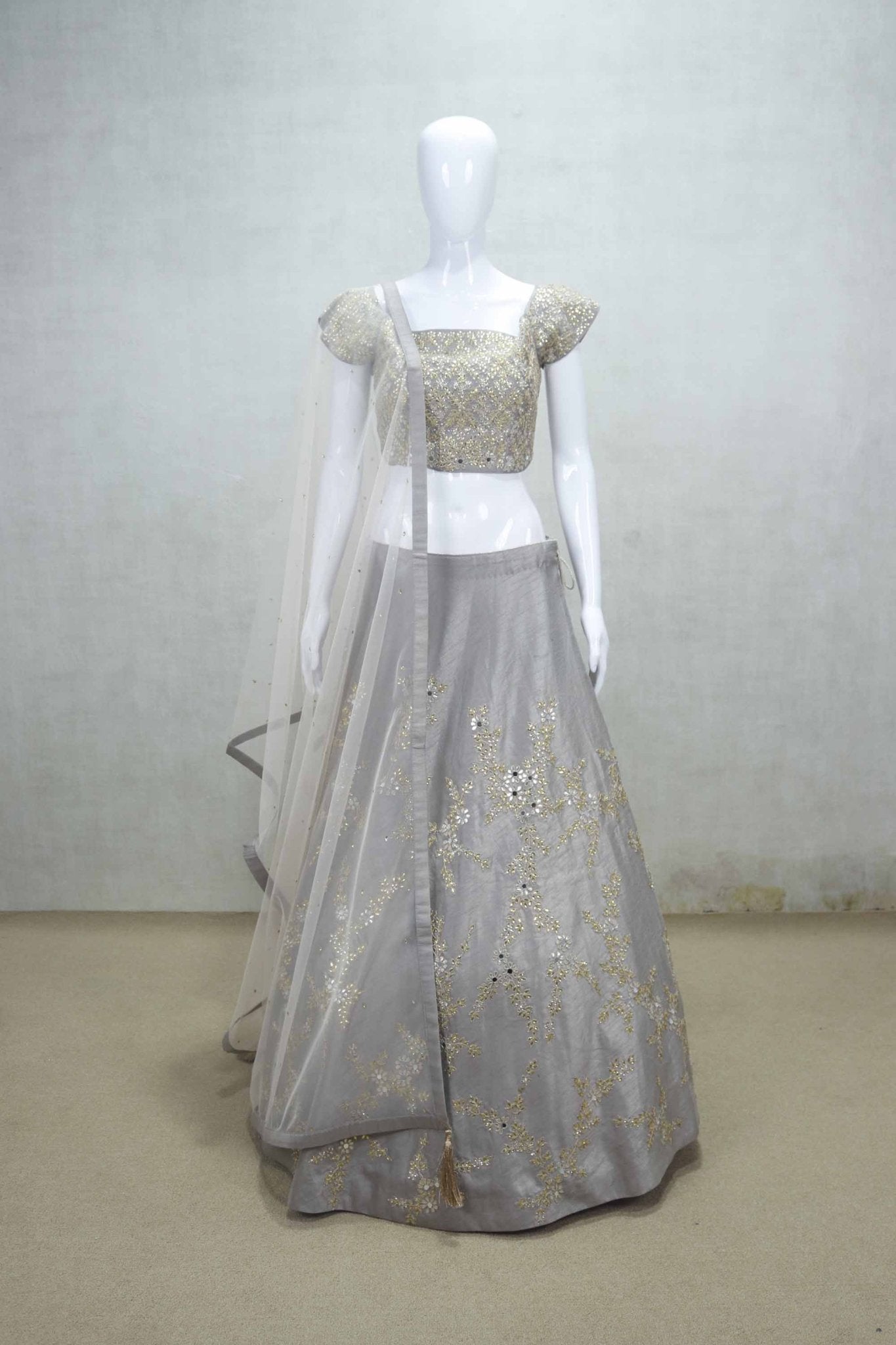 Elegant Grey Embroidered Silk Lehenga Choli with Net Dupatta - Mangaldeep NX