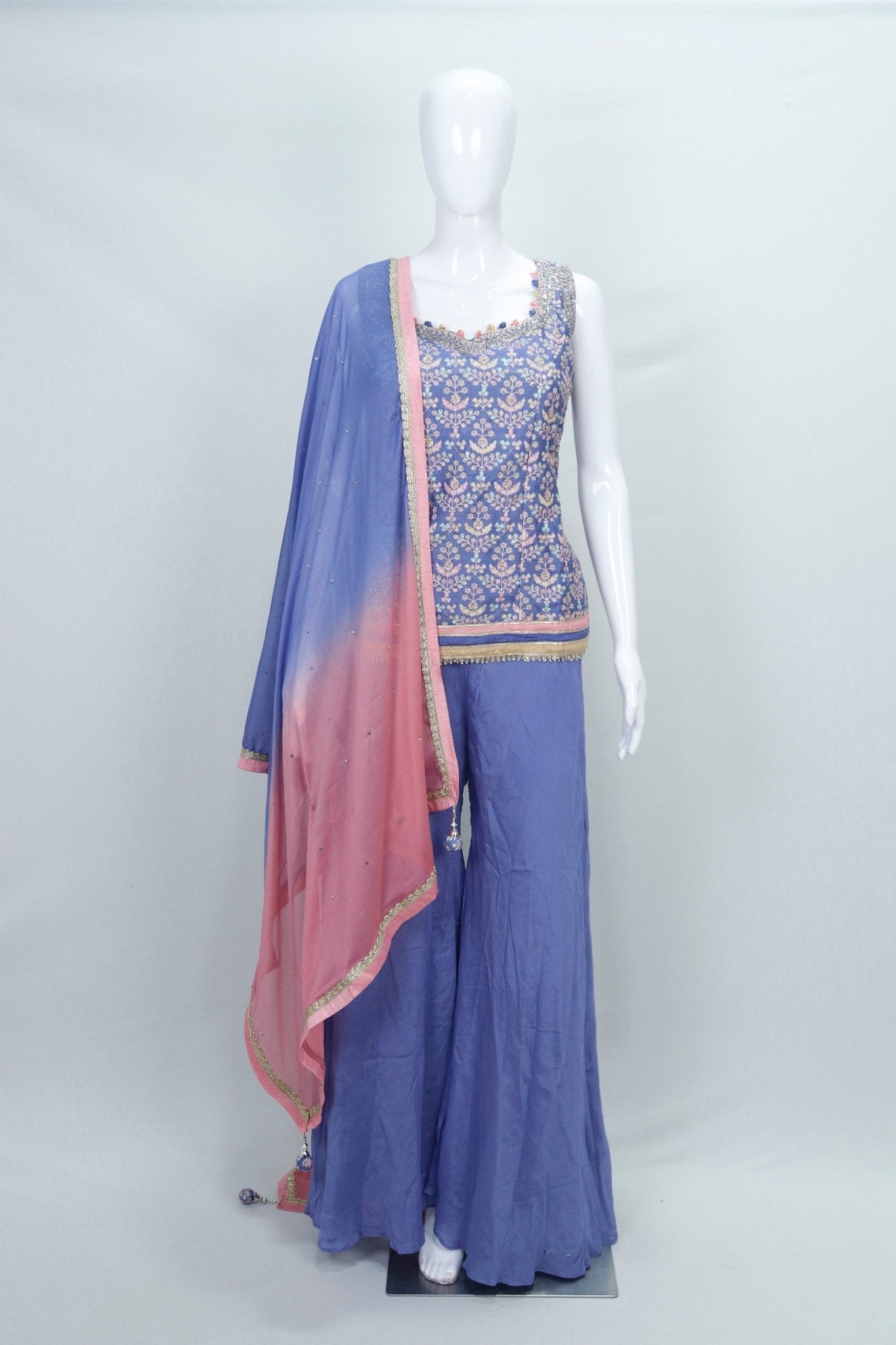 Elegant Lavender Embroidered Sharara Suit Set with Pink Ombre Dupatta - Mangaldeep NX