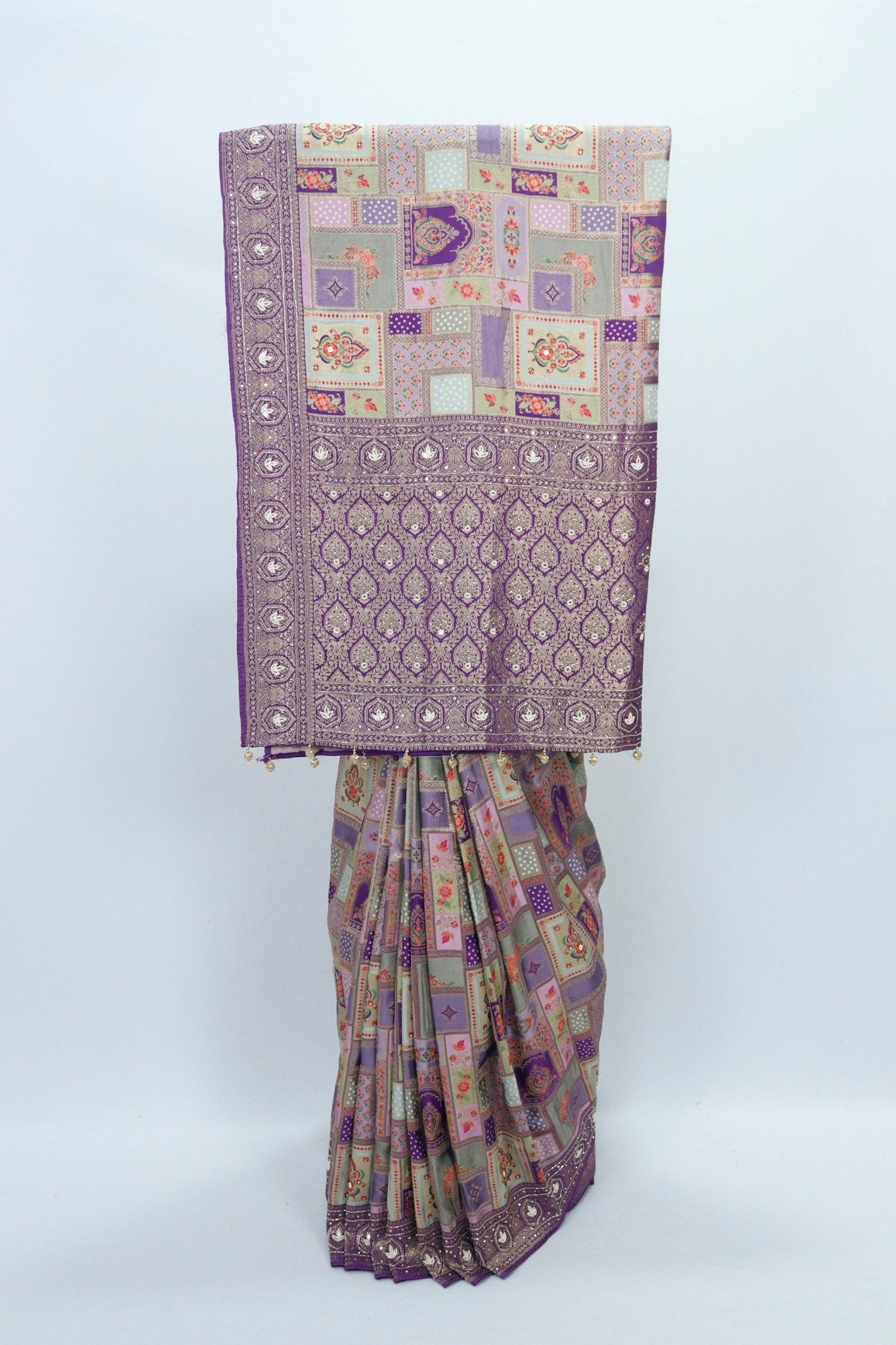 Elegant Lavender Patola Print Saree with Zari Border Traditional Banarasi Style Silk Blend Saree for Festive Wedding Wear - Mangaldeep NX