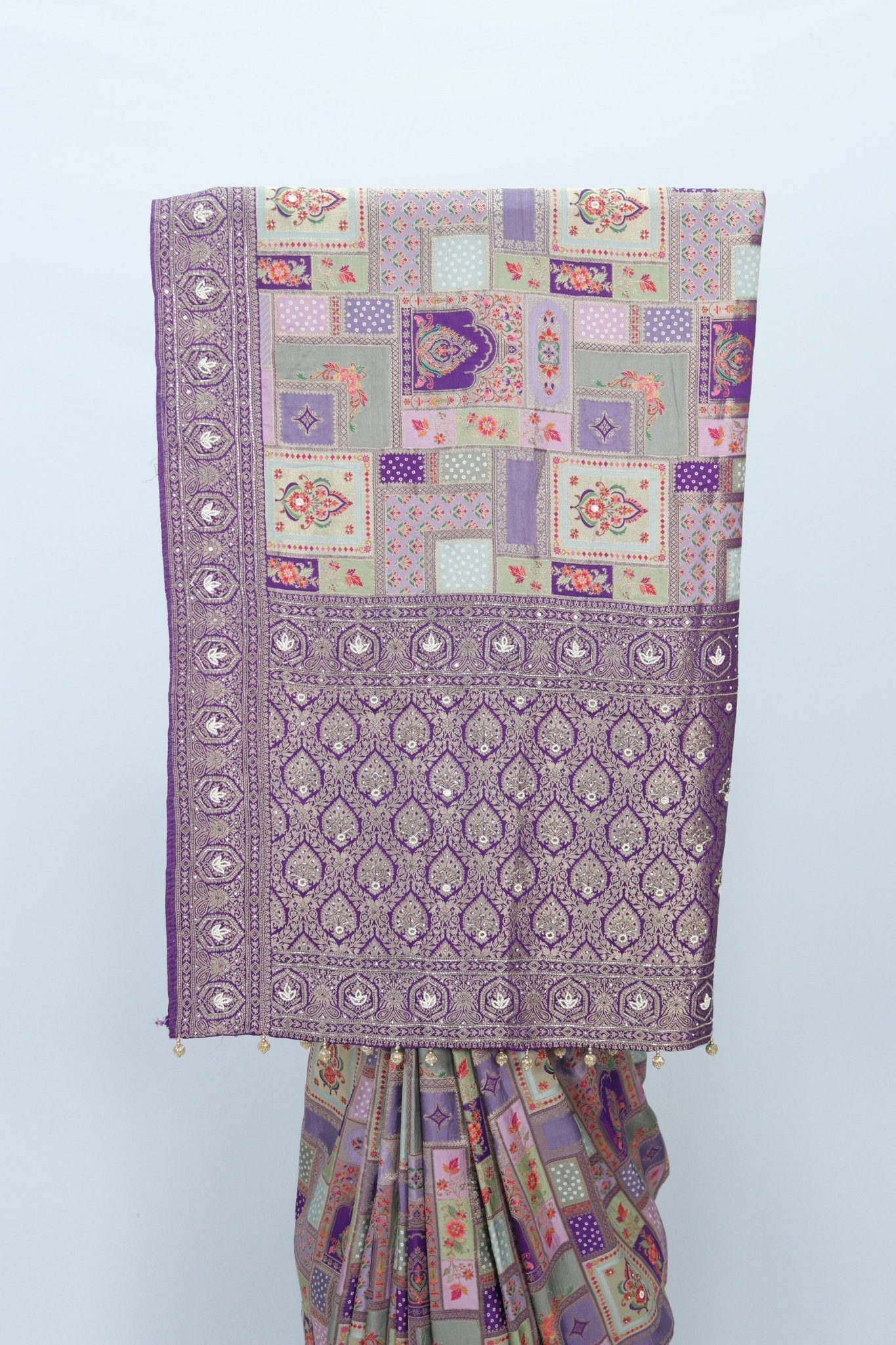Elegant Lavender Patola Print Saree with Zari Border Traditional Banarasi Style Silk Blend Saree for Festive Wedding Wear - Mangaldeep NX