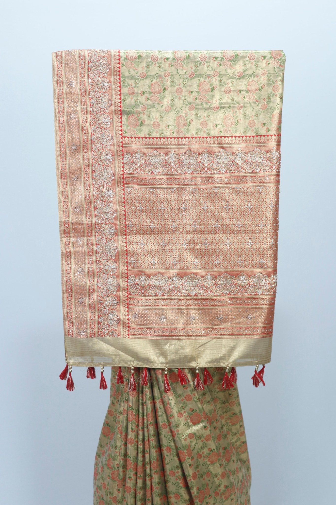 Elegant Light Green and Peach Banarasi Silk Saree with Floral Zari Weaving and Tassel Detailing Wedding Festive Wear - Mangaldeep NX