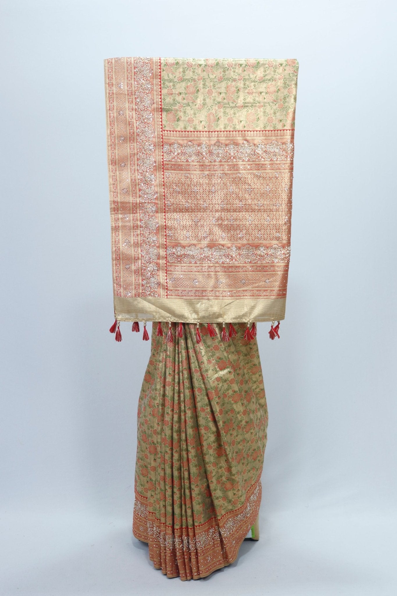 Elegant Light Green and Peach Banarasi Silk Saree with Floral Zari Weaving and Tassel Detailing Wedding Festive Wear - Mangaldeep NX