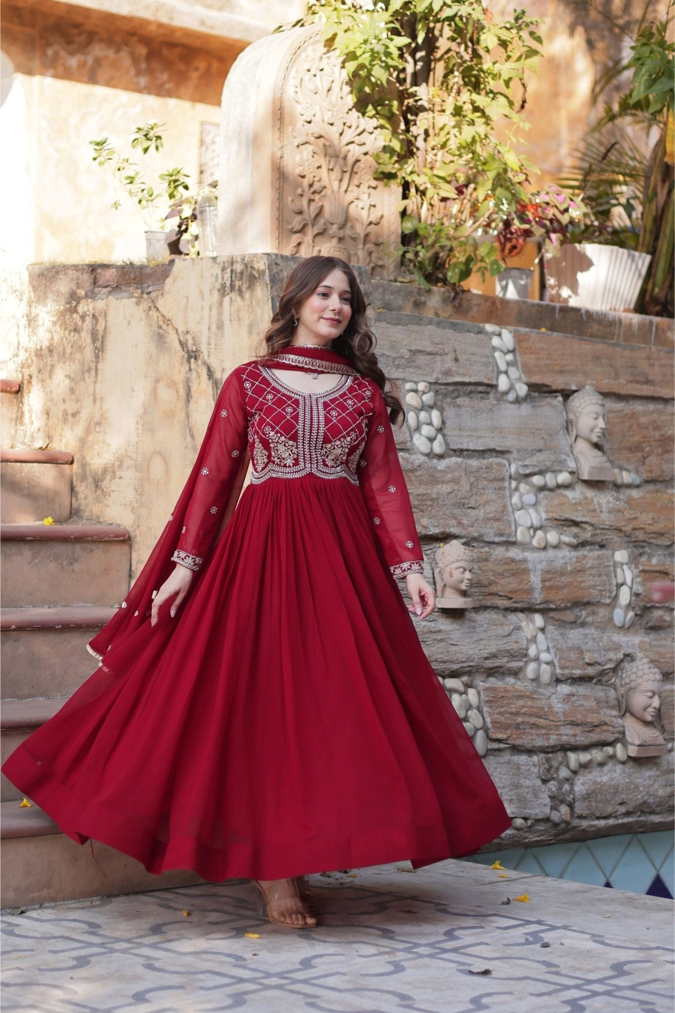 Elegant Maroon Anarkali Dress with Heavy Embroidery – Mangaldeep NX