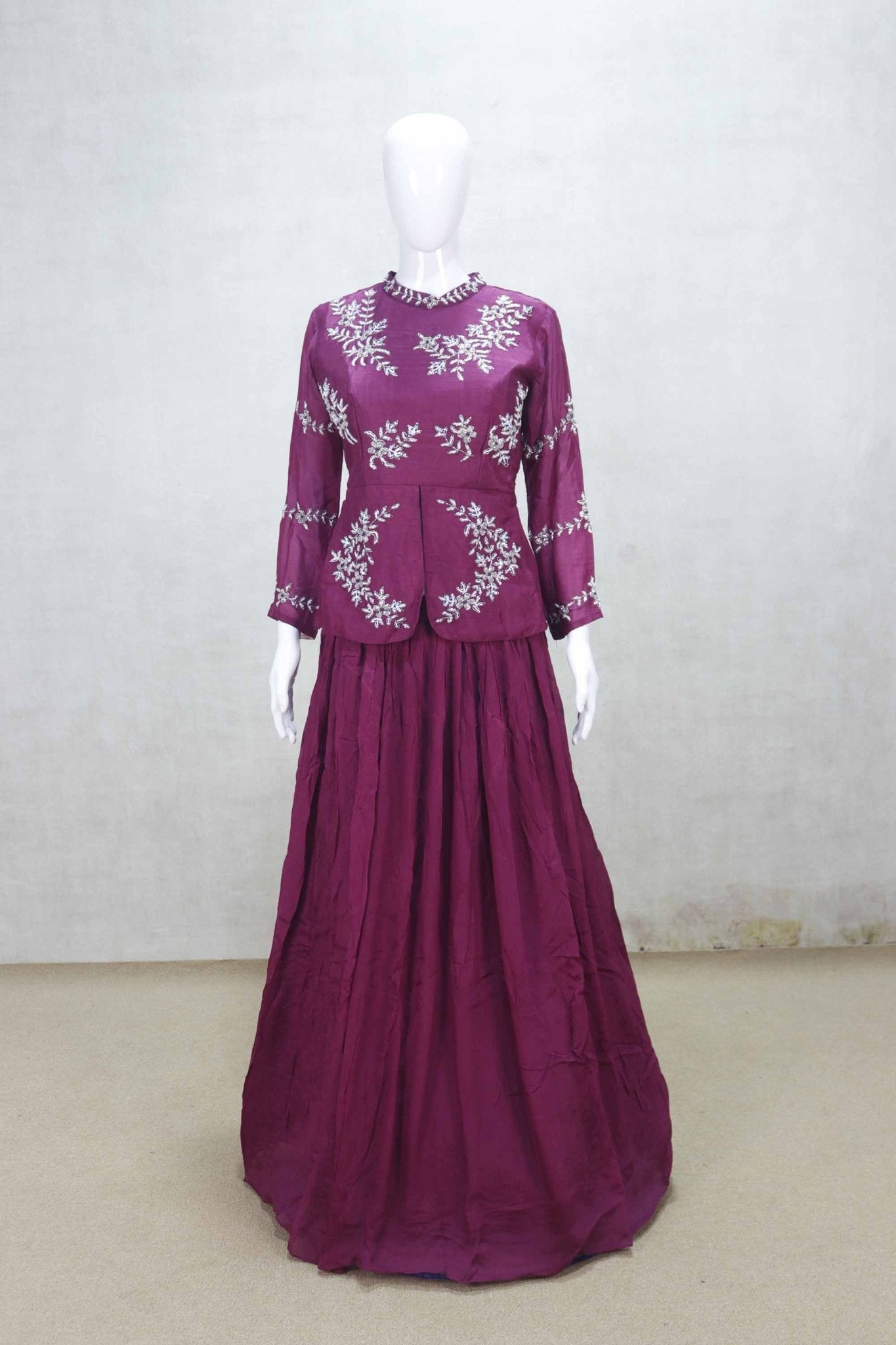 Elegant Maroon Embroidered Lehenga Set with Peplum Top and Dupatta - Mangaldeep NX