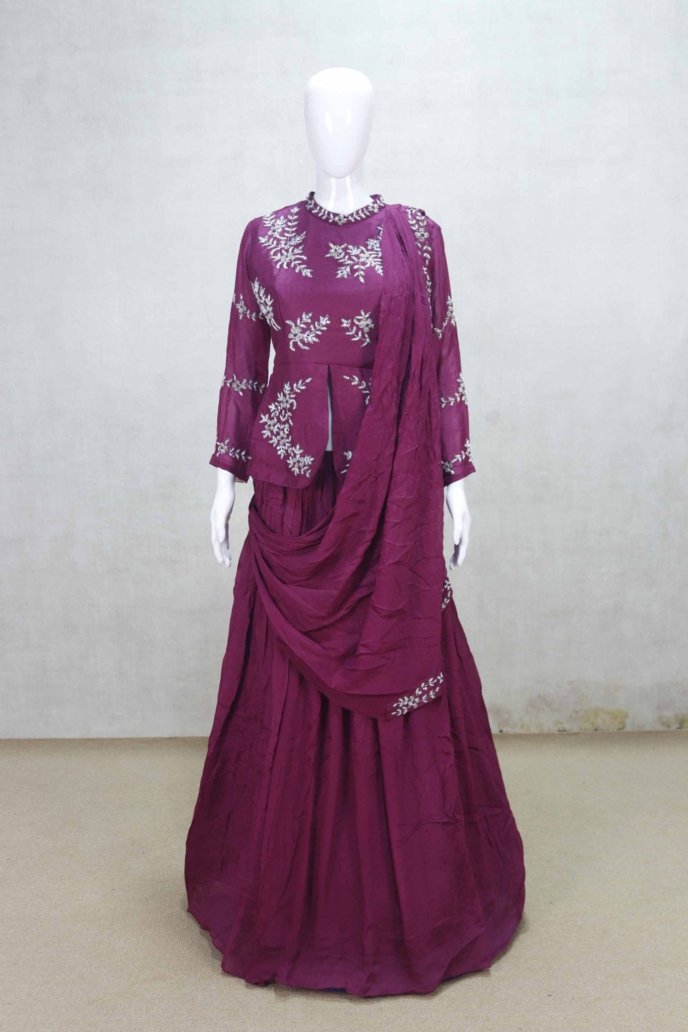 Elegant Maroon Embroidered Lehenga Set with Peplum Top and Dupatta - Mangaldeep NX