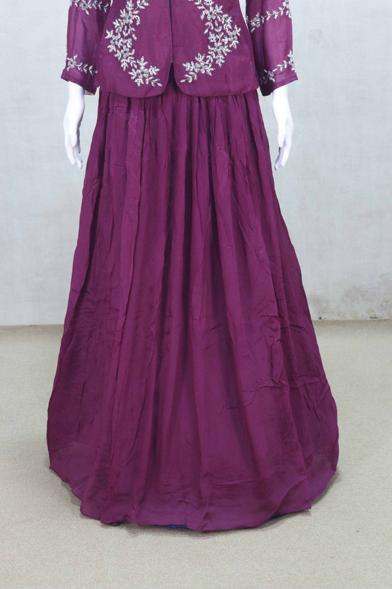 Elegant Maroon Embroidered Lehenga Set with Peplum Top and Dupatta - Mangaldeep NX