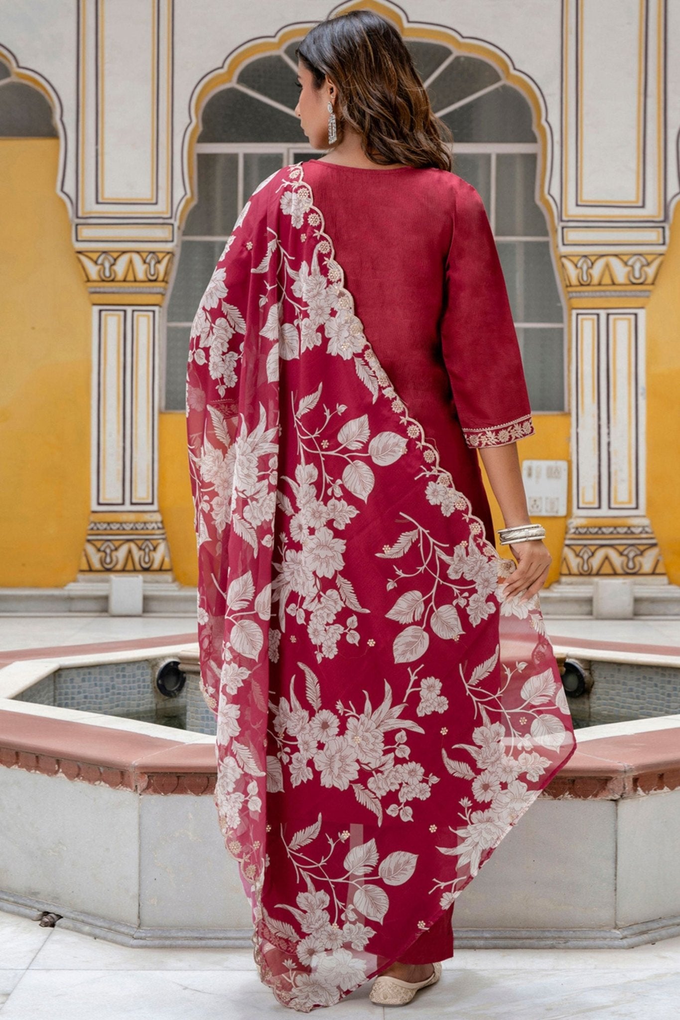 Elegant Maroon Embroidered Straight Salwar Suitt with Floral Organza Dupatta - Mangaldeep NX