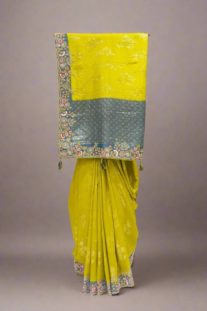 Elegant Mustard Yellow Banarasi Silk Saree with Floral Border - Mangaldeep NX