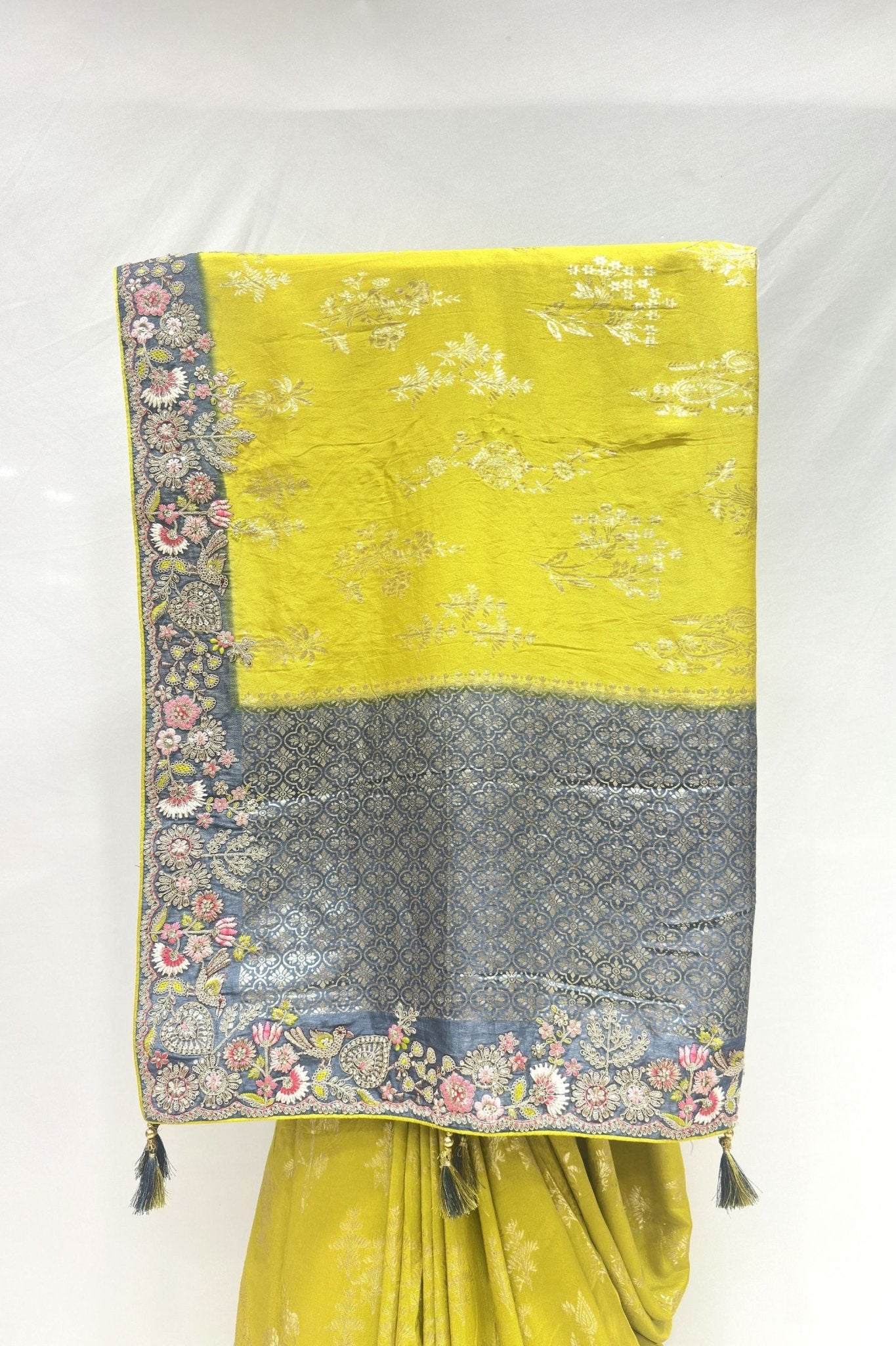 Elegant Mustard Yellow Banarasi Silk Saree with Floral Embroidered Border - Mangaldeep NX