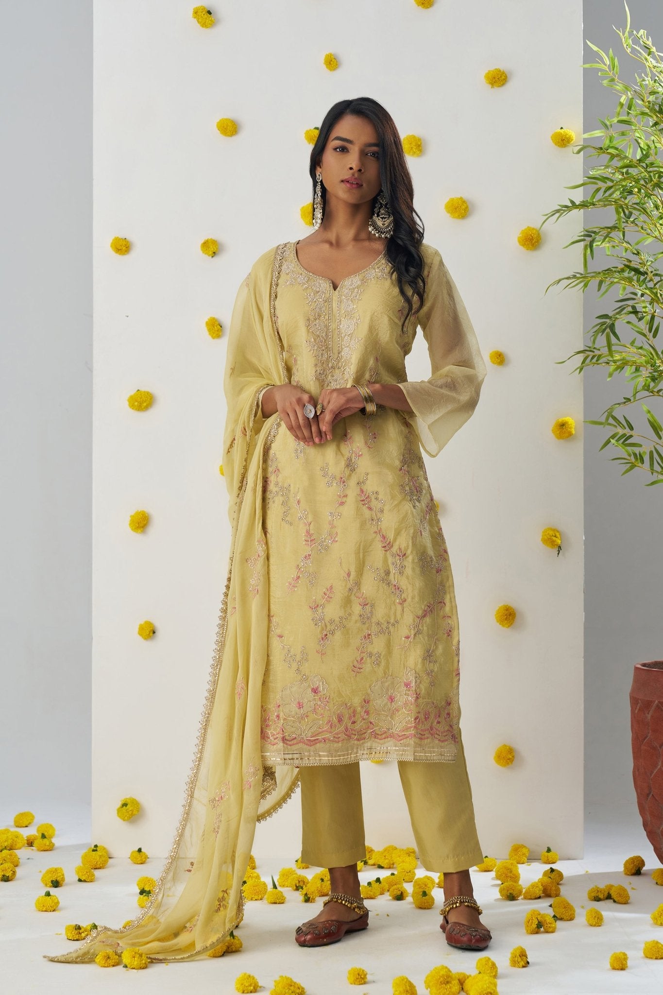 Elegant Mustard Yellow Chiffon Embroidered Salwar Suit - Mangaldeep NX