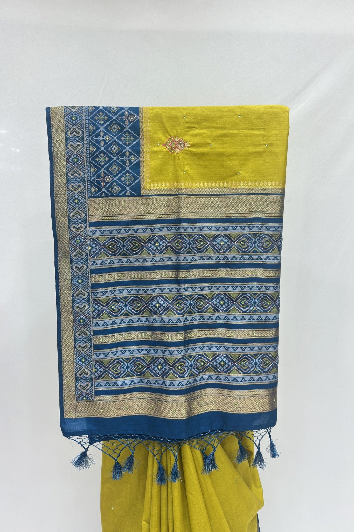 Elegant Mustard Yellow Silk Saree with Blue Zari Border - Mangaldeep NX
