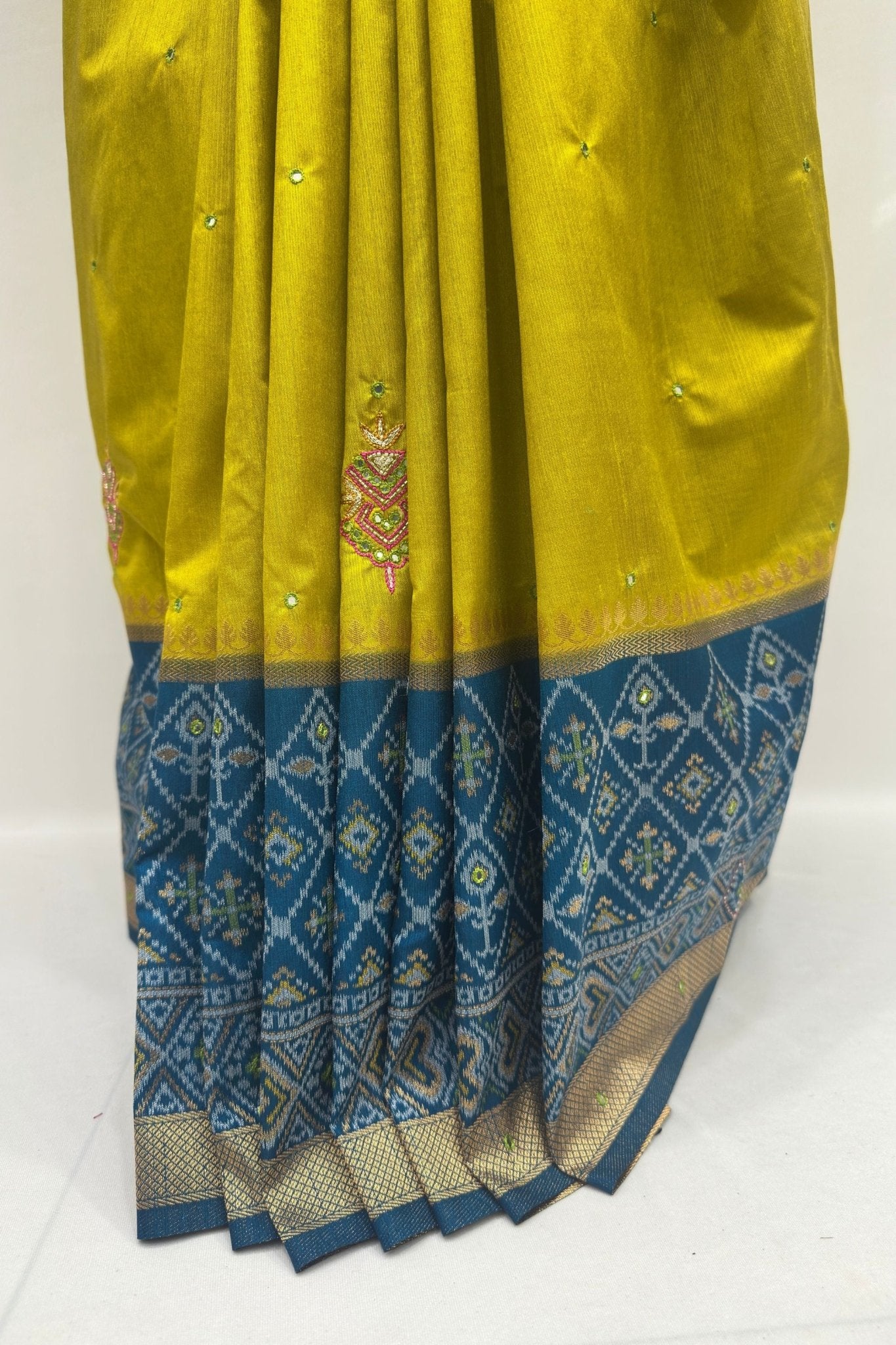 Elegant Mustard Yellow Silk Saree with Blue Zari Border - Mangaldeep NX