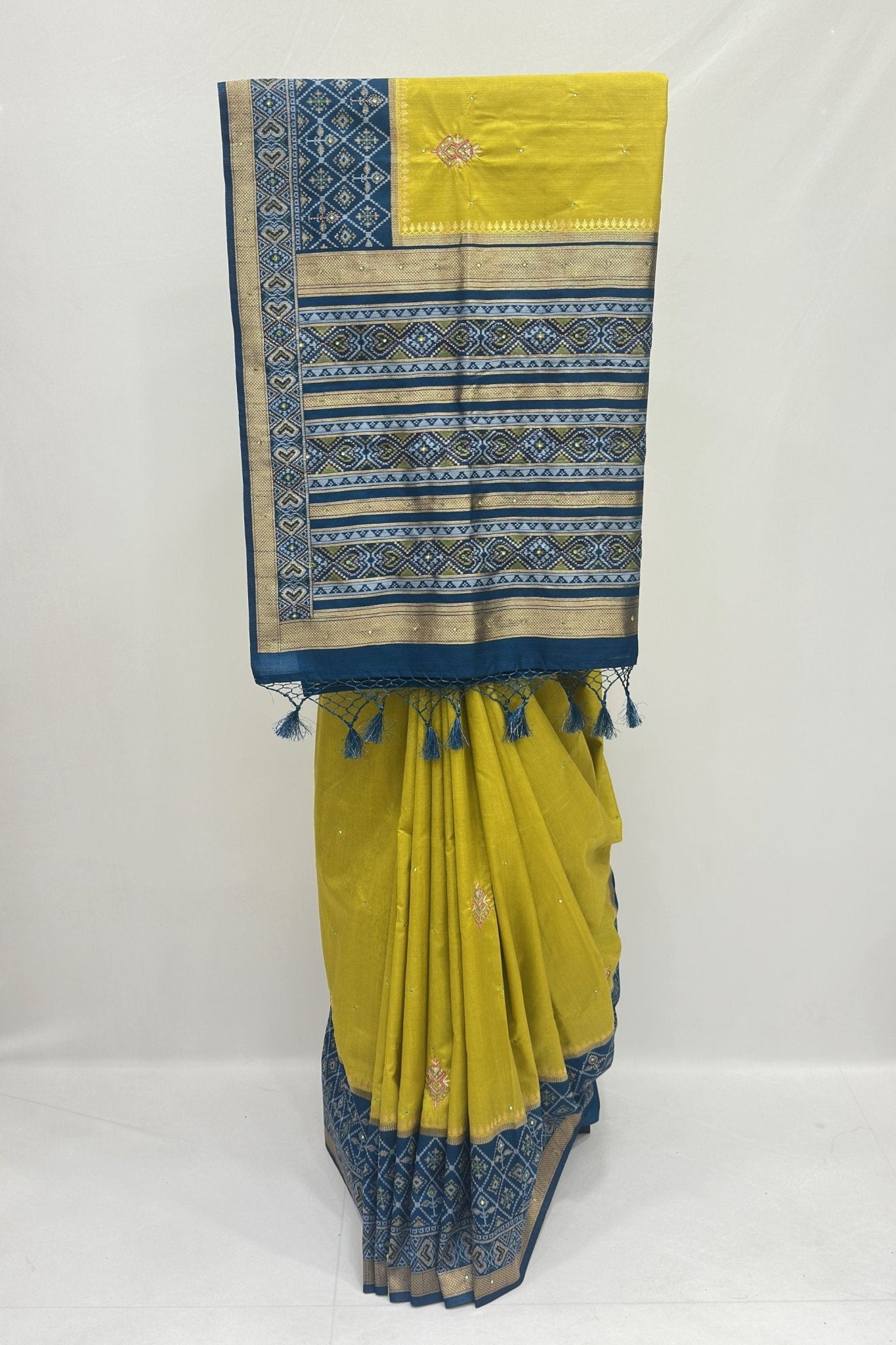 Elegant Mustard Yellow Silk Saree with Blue Zari Border - Mangaldeep NX