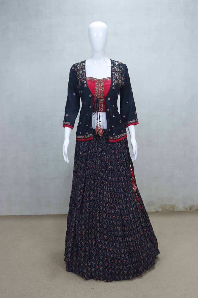 Elegant Navy Blue and Red Printed Lehenga Set with Embroidered Jacket - Mangaldeep NX
