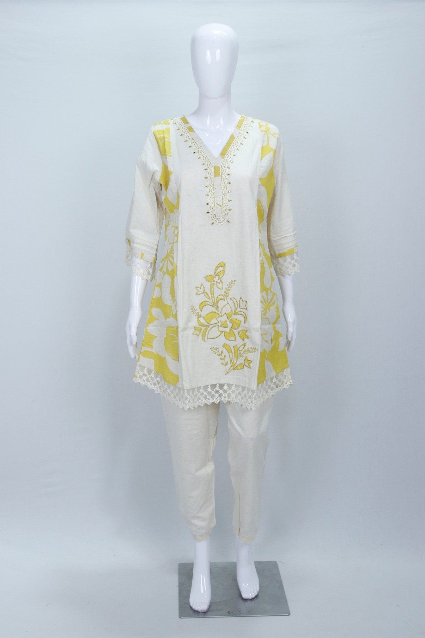 Elegant Off White and Yellow Floral Print Cotton Kurta Set - Mangaldeep NX